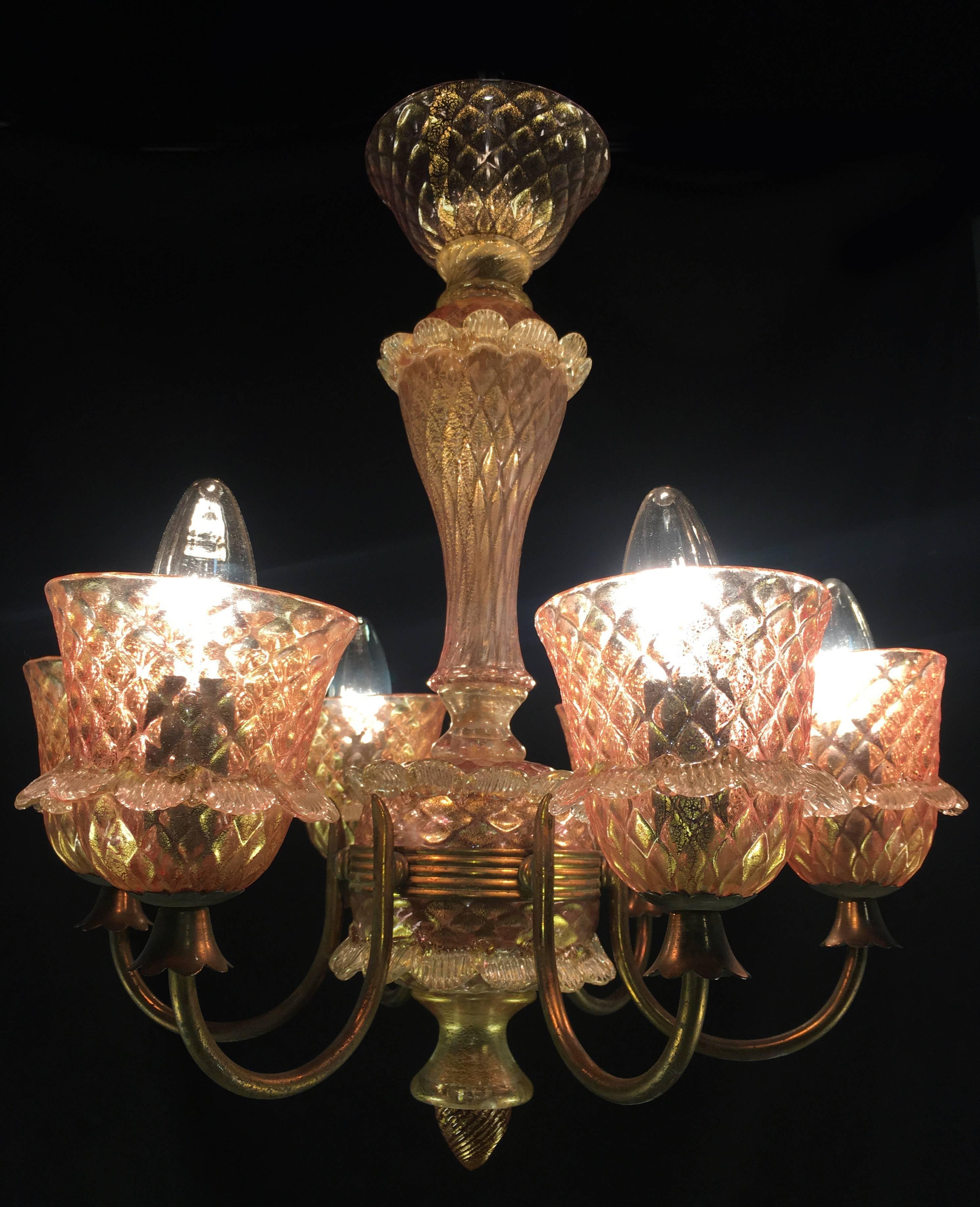 Pink and Gold Chandelier by Barovier & Toso, Murano, 1950 For Sale 10