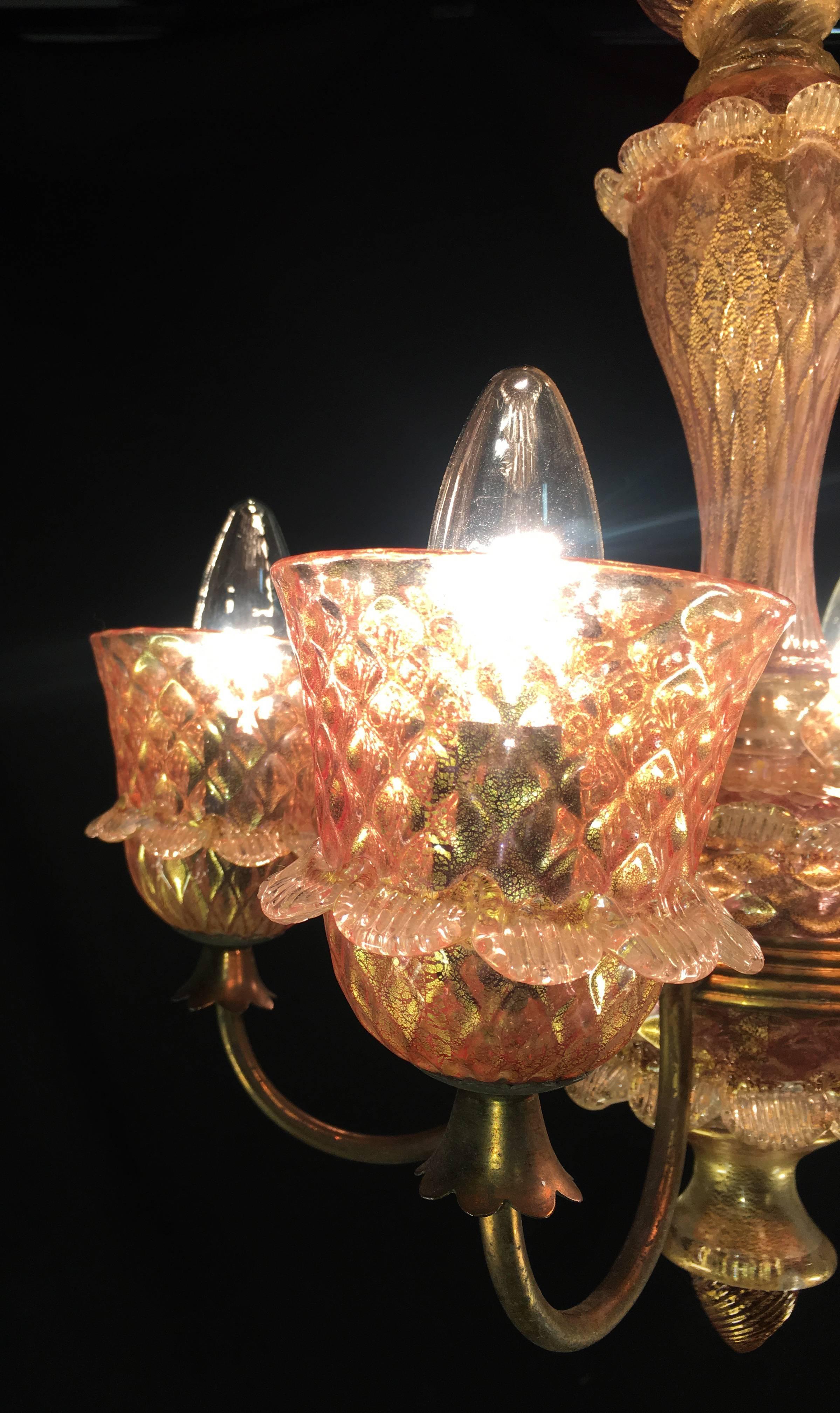 Pink and Gold Chandelier by Barovier & Toso, Murano, 1950 For Sale 12