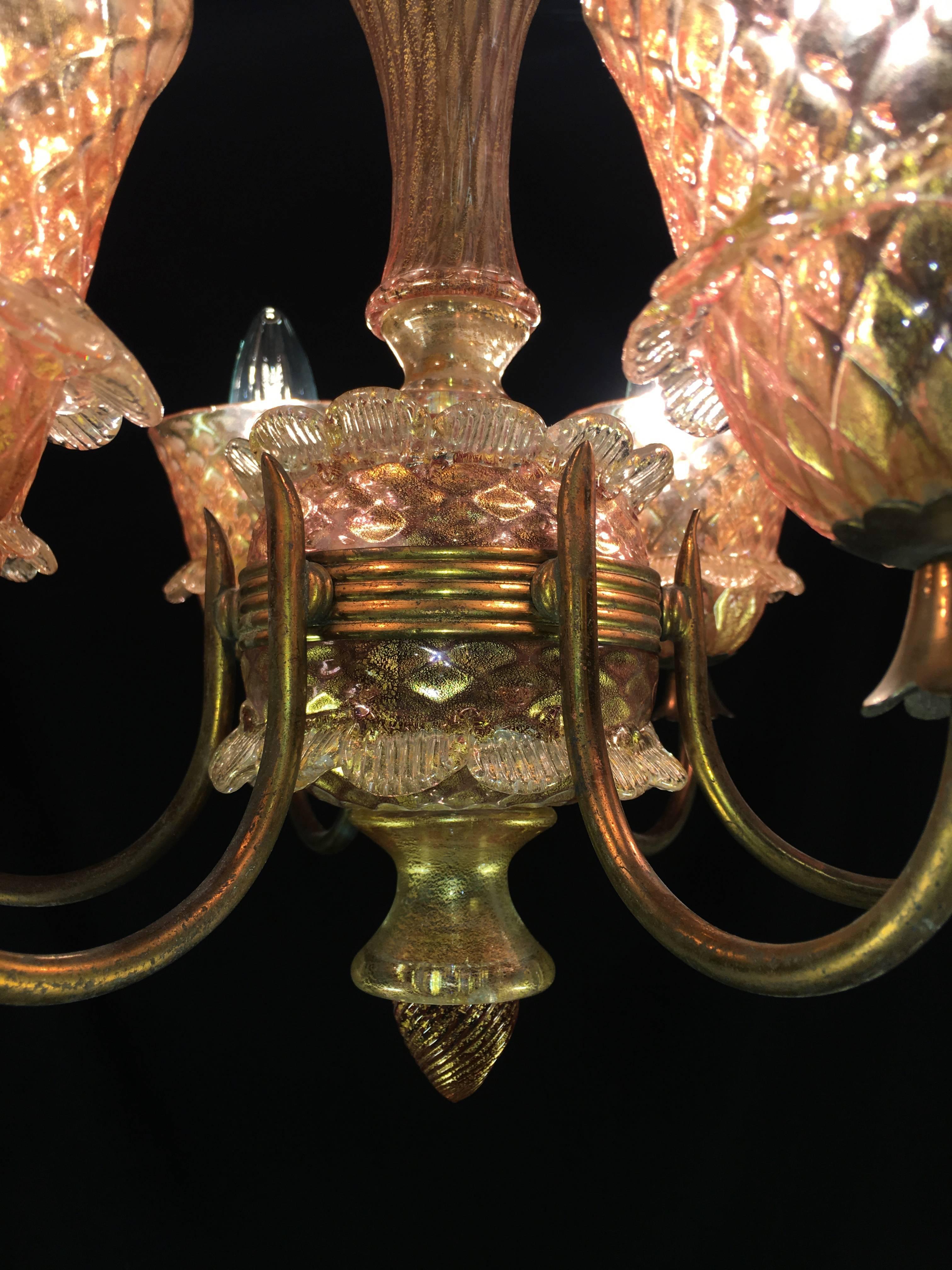 Pink and Gold Chandelier by Barovier & Toso, Murano, 1950 For Sale 13