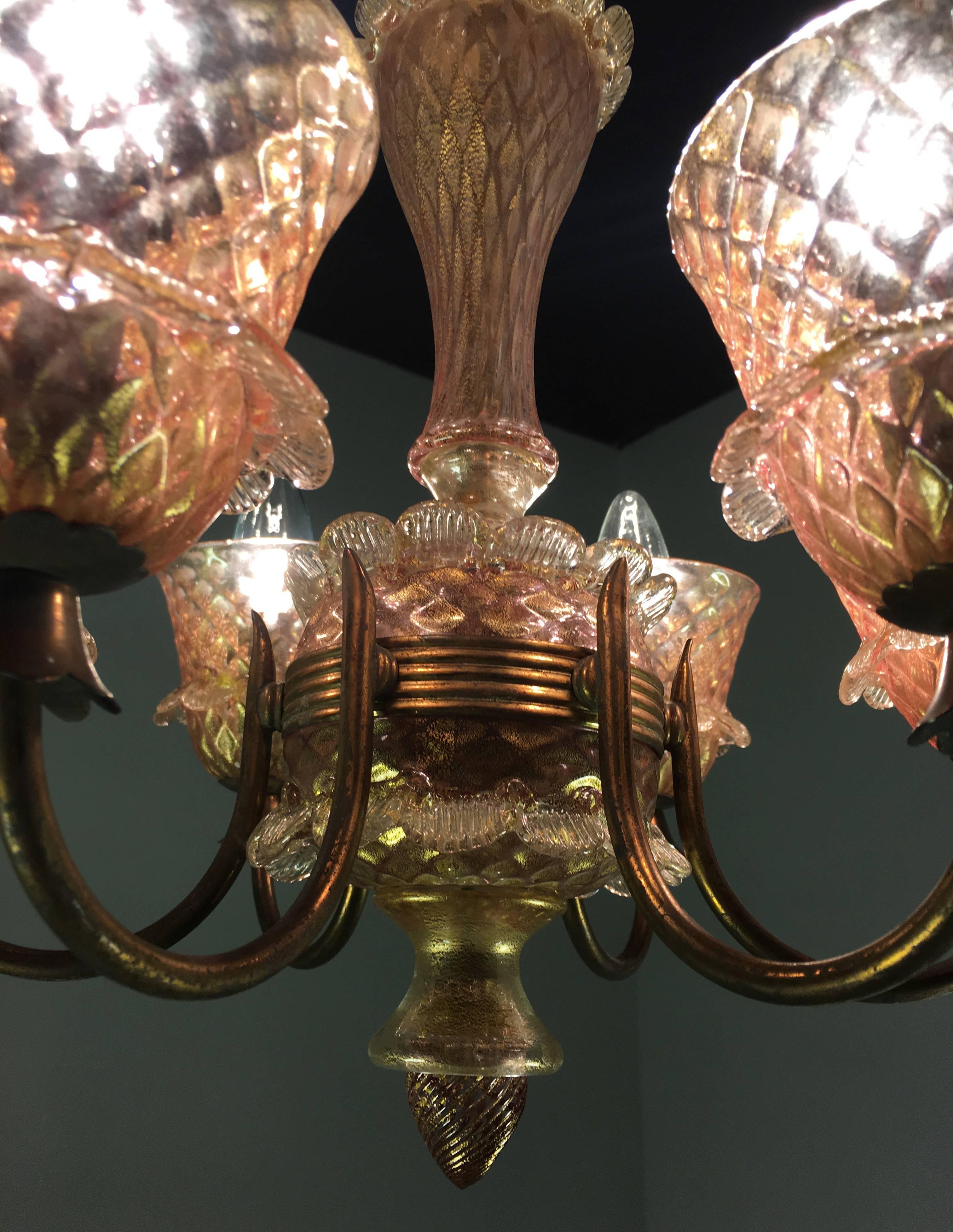 Italian Pink and Gold Chandelier by Barovier & Toso, Murano, 1950 For Sale
