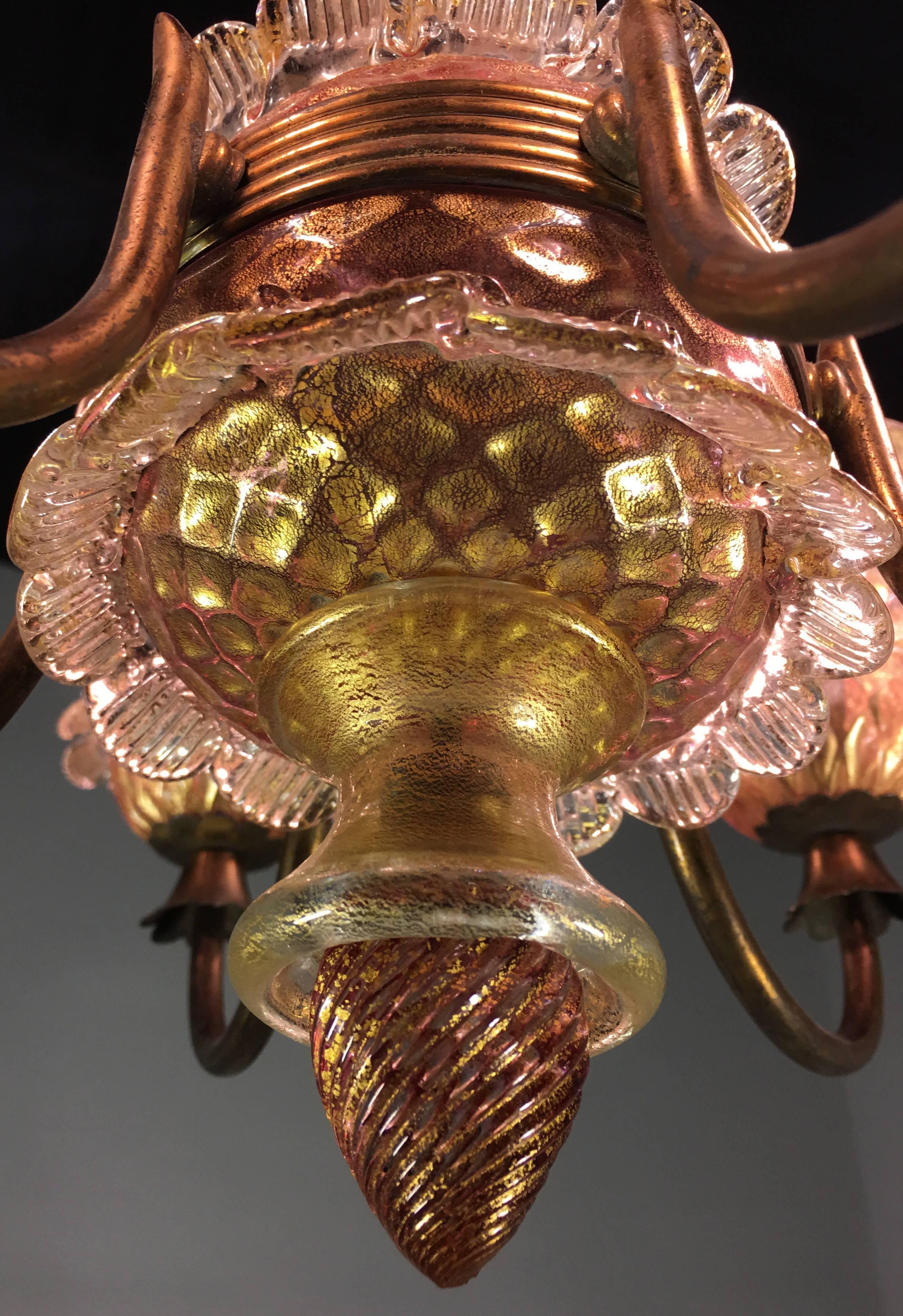 Brass Pink and Gold Chandelier by Barovier & Toso, Murano, 1950 For Sale