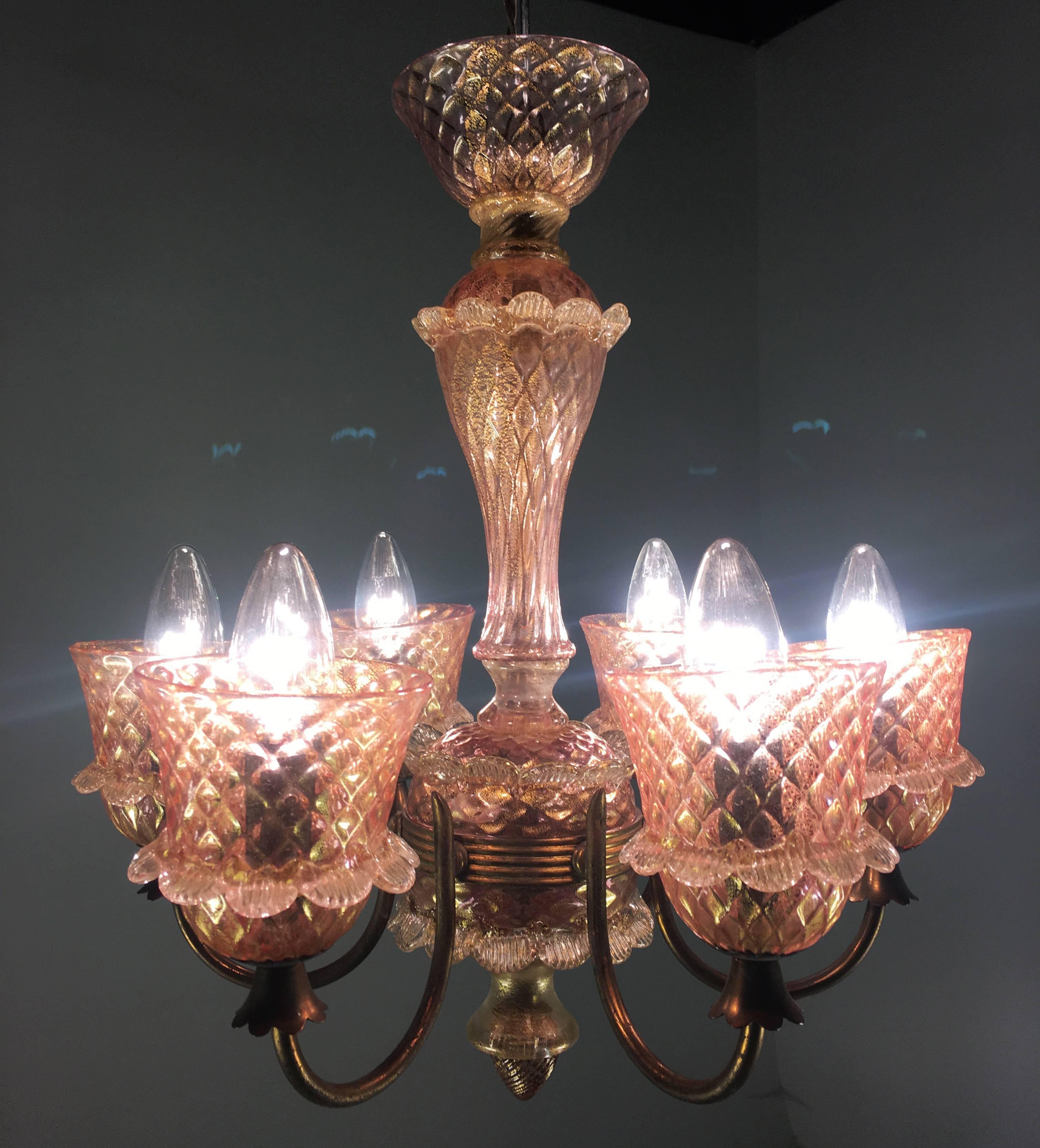 Pink and Gold Chandelier by Barovier & Toso, Murano, 1950 For Sale 1