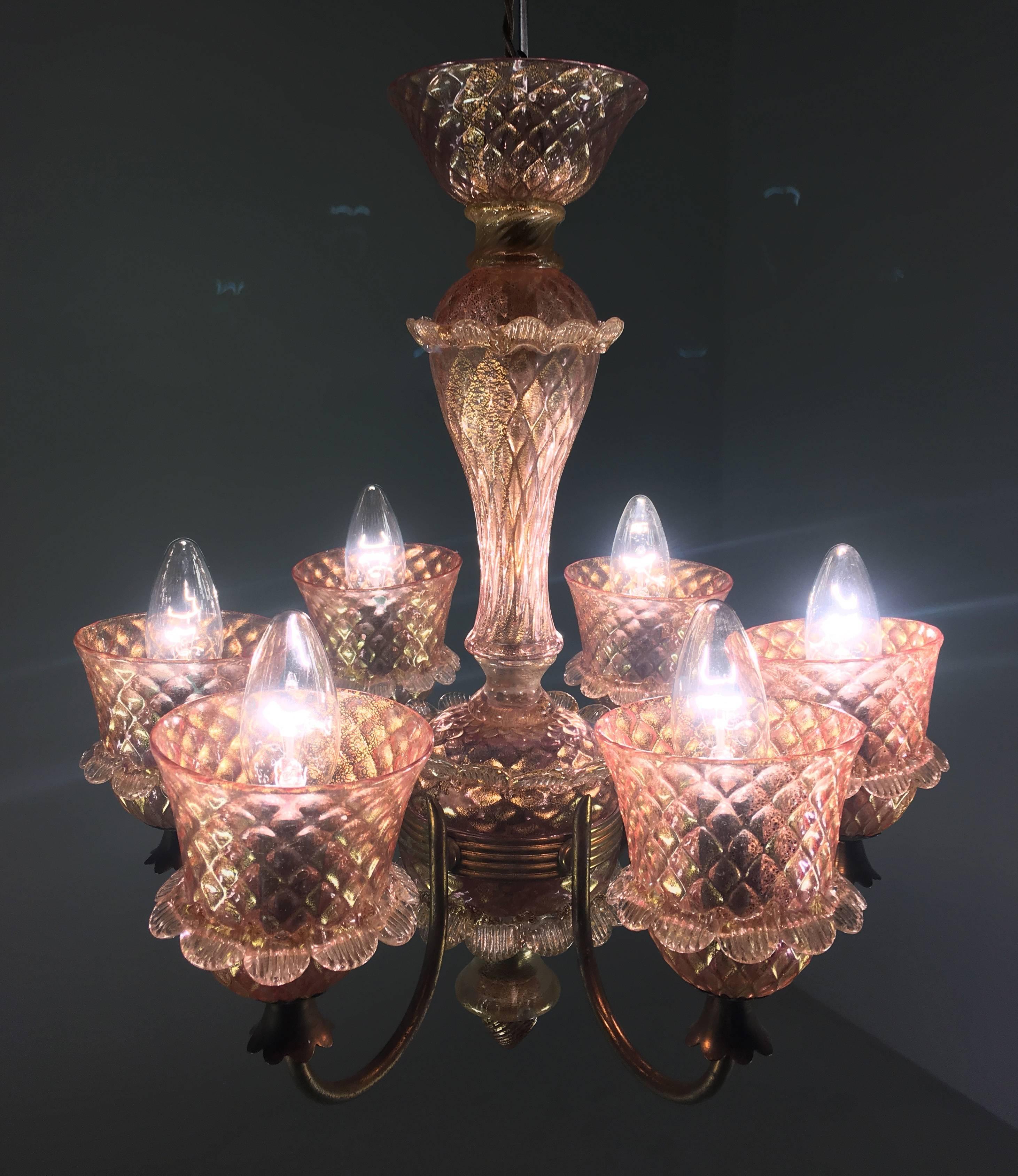 Pink and Gold Chandelier by Barovier & Toso, Murano, 1950 For Sale 2