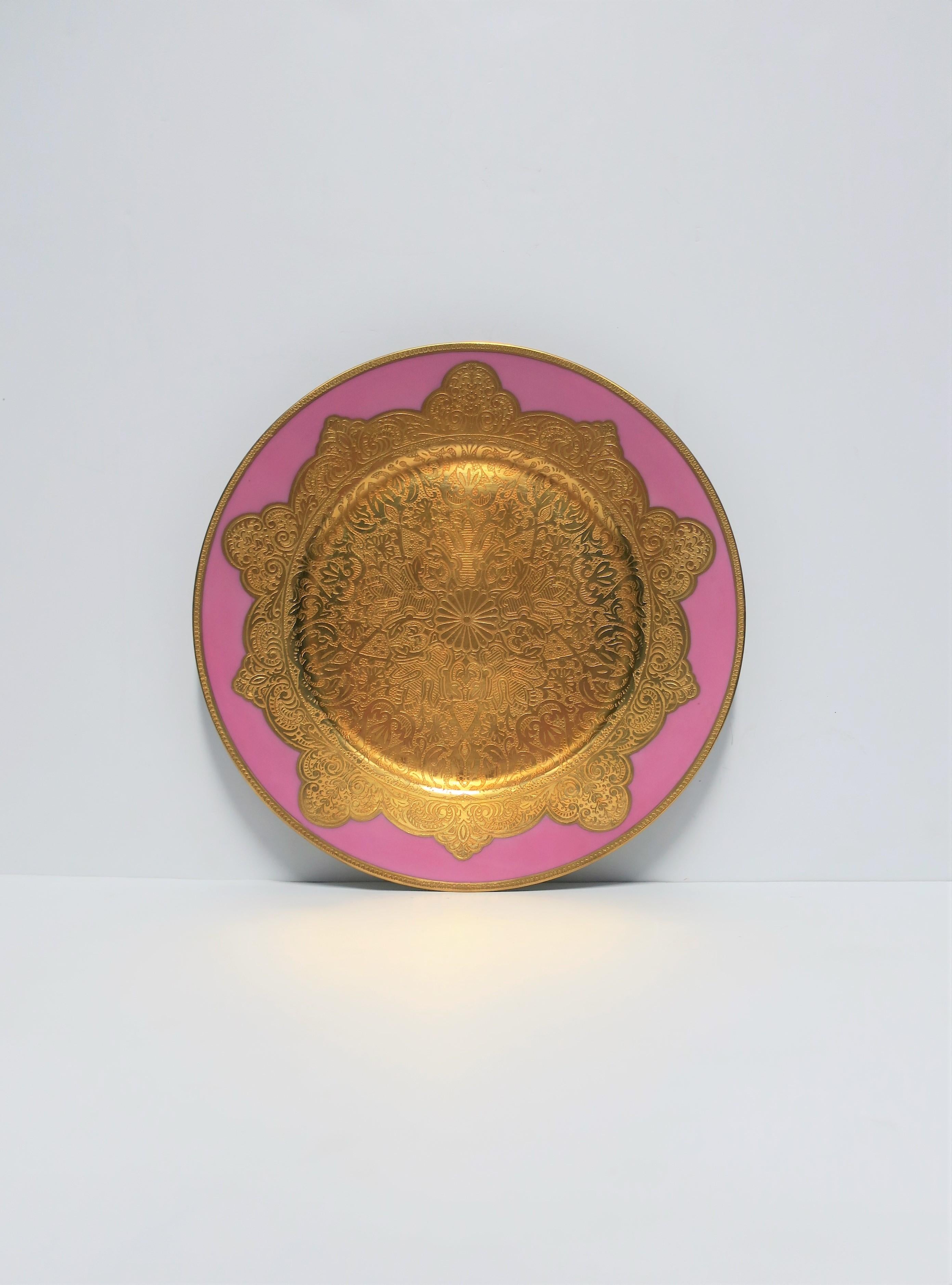Gilt German Pink and Gold Porcelain Dinner Plate Charger or Wall Art  For Sale