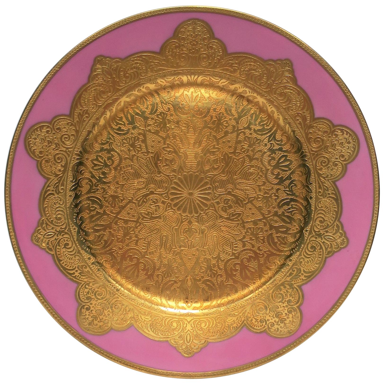 German Pink and Gold Porcelain Dinner Plate Charger or Wall Art 