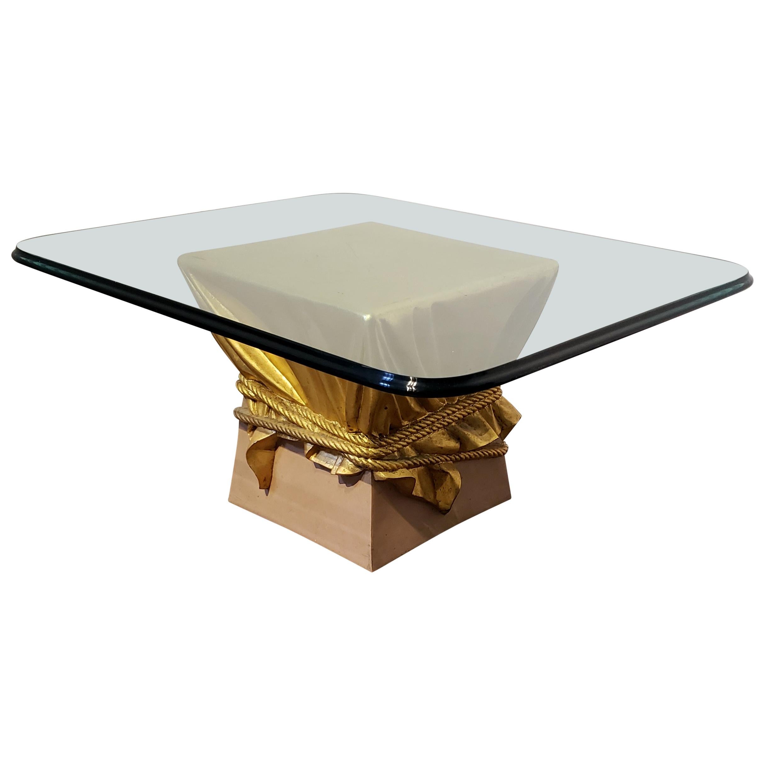 Pink and Gold Hollywood Regency Draped and Roped Coffee Table For Sale