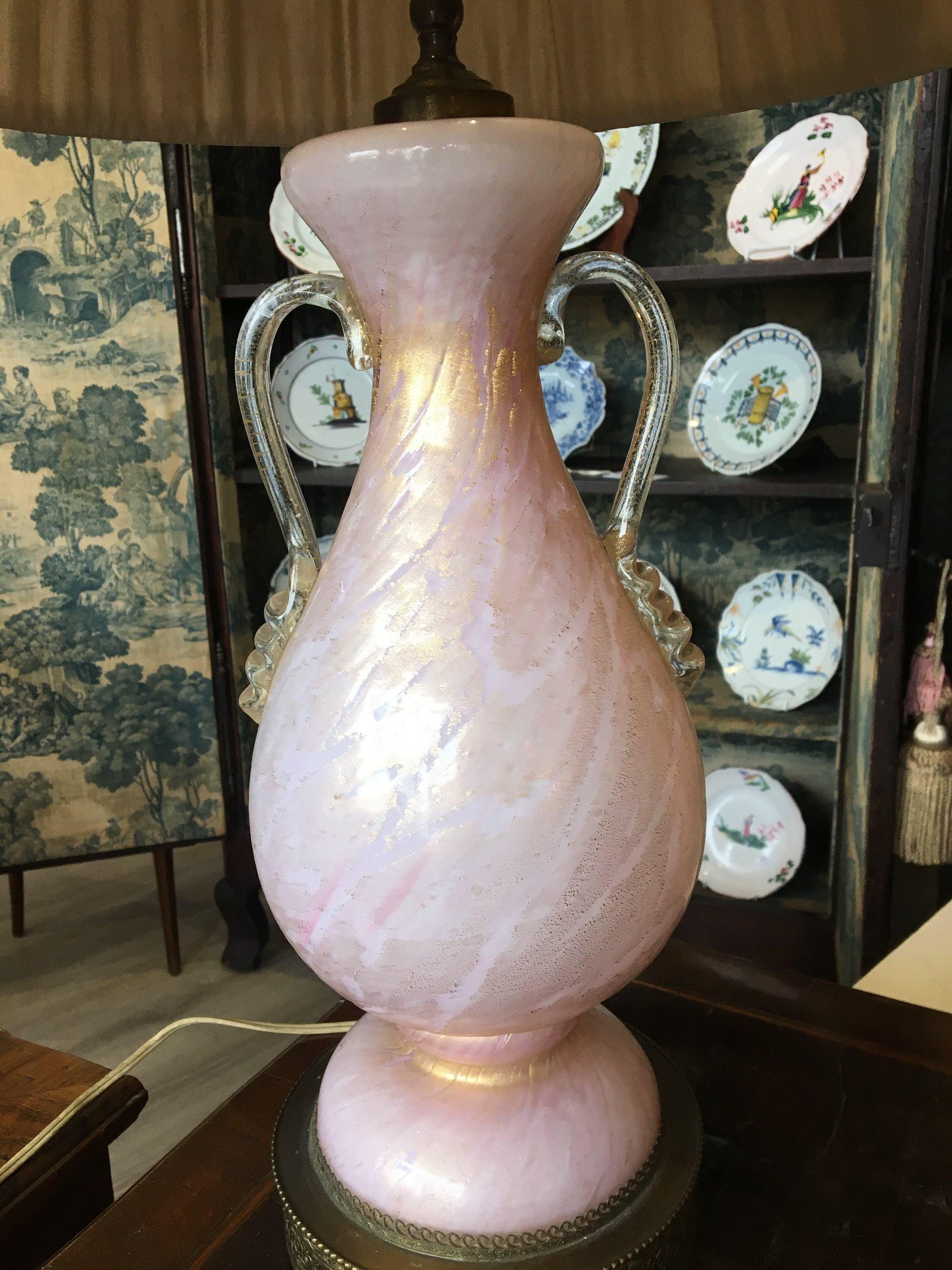 Mid-20th century Italian Murano urn-form lamp, pink, clear, and gold-flecked with English handmade silk shade.