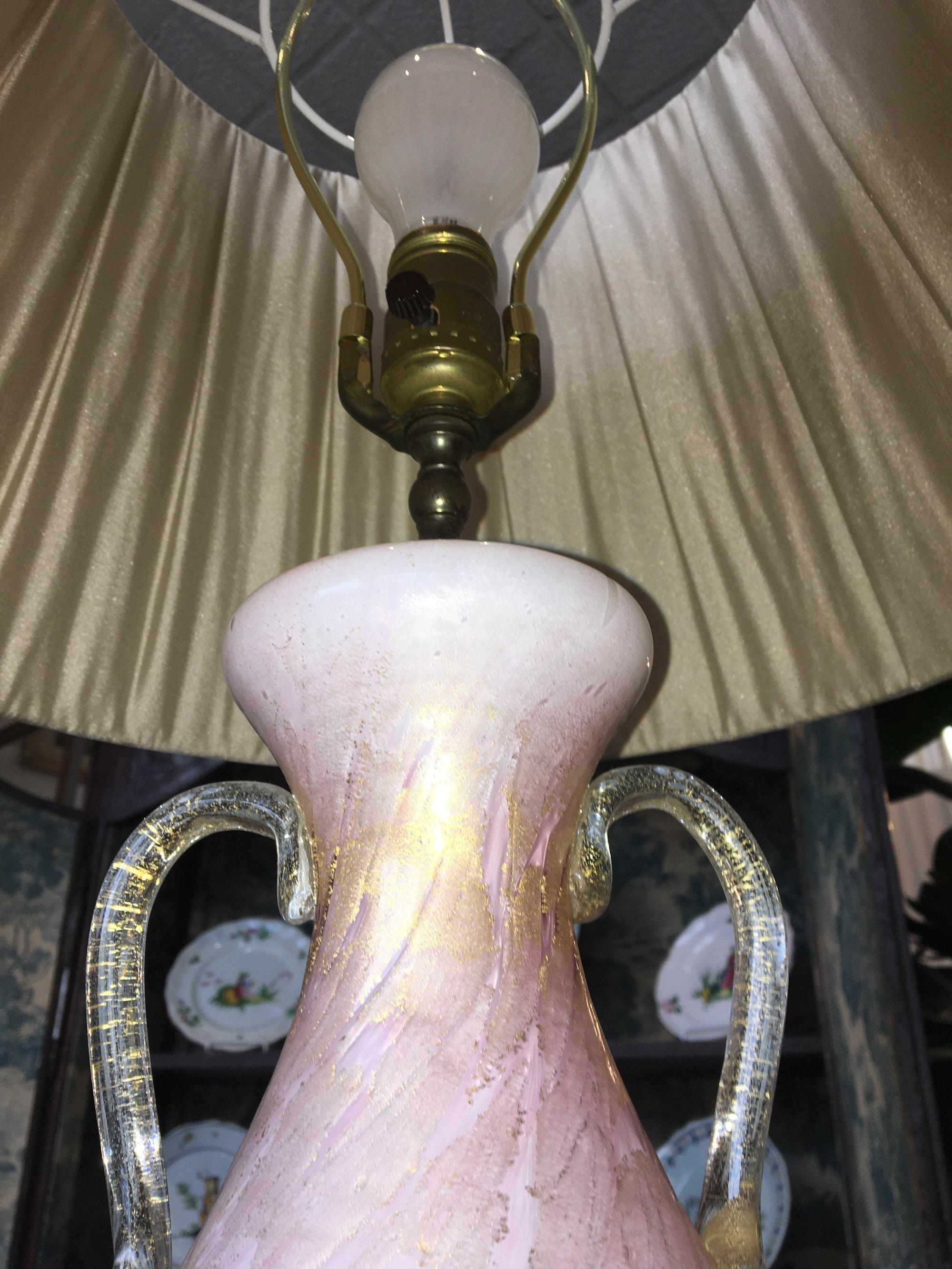 20th Century Pink and Gold Italian Murano Glass Lamp with Silk Shade