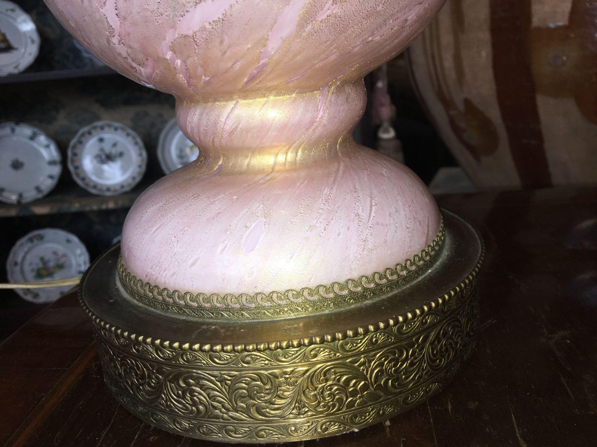 Pink and Gold Italian Murano Glass Lamp with Silk Shade In Good Condition In Doylestown, PA