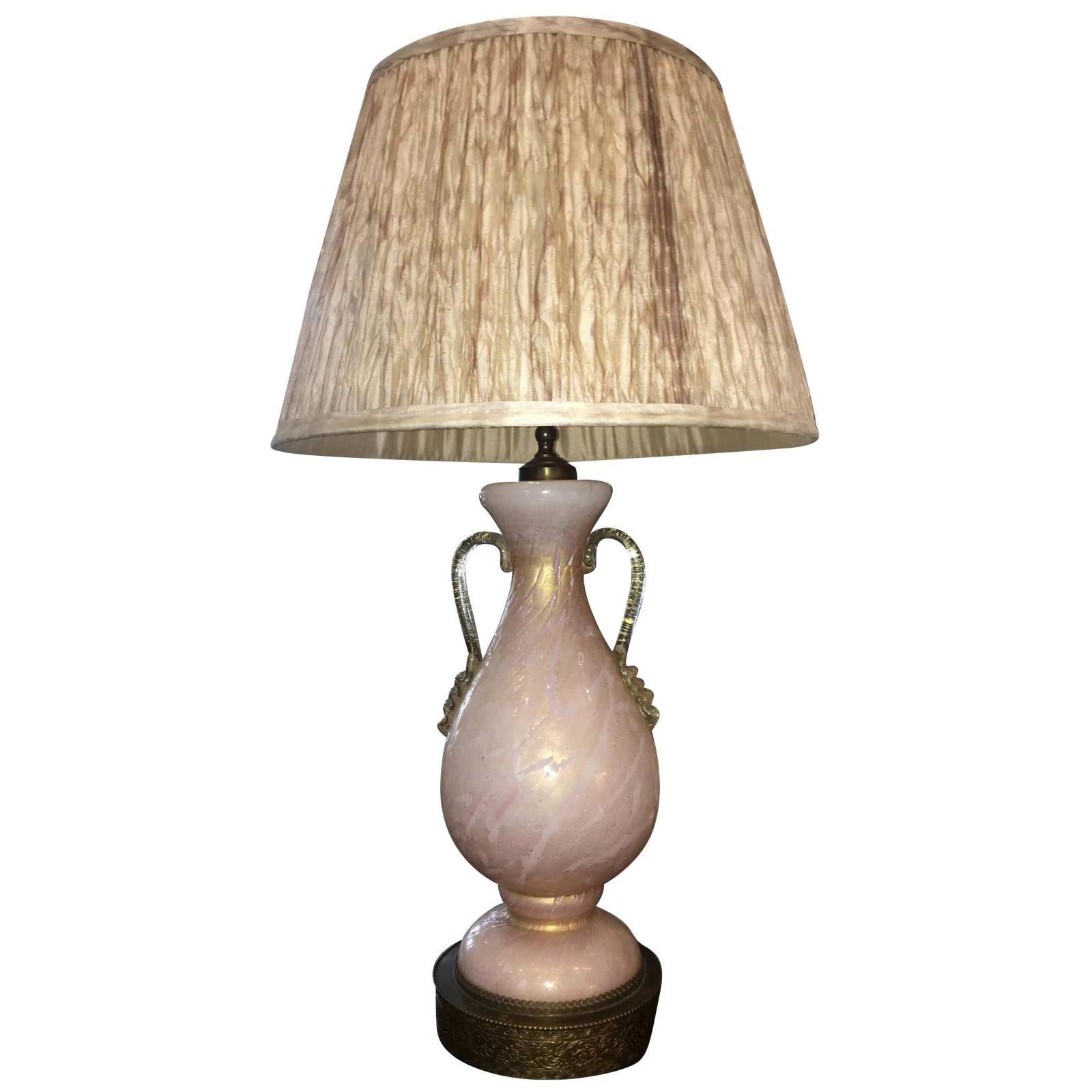 Pink and Gold Italian Murano Glass Lamp with Silk Shade