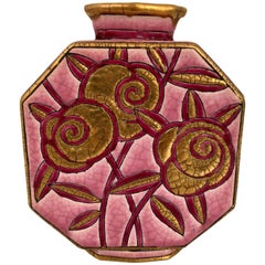 Pink and Gold Longwy Vase with Craquelling Glaze, Art Deco, France, 1930s