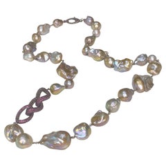 Pink and Golden Baroque Edison Pearl Long Necklace with Pink Sapphires