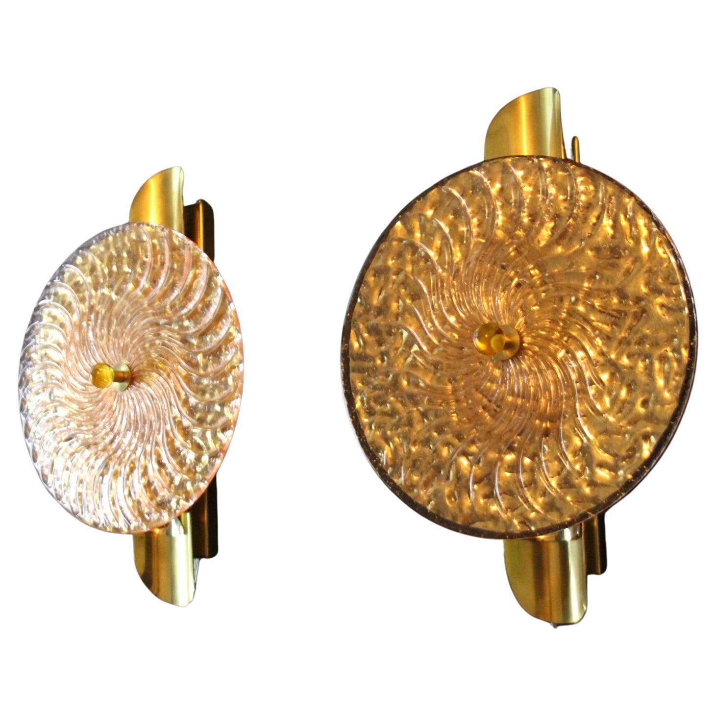 Pink and Golden Murano Glass Wall Lights In Disc Shape For Sale