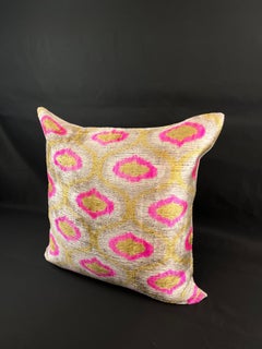 Pink and Golden Yellow Velvet Silk Ikat Pillow Cover