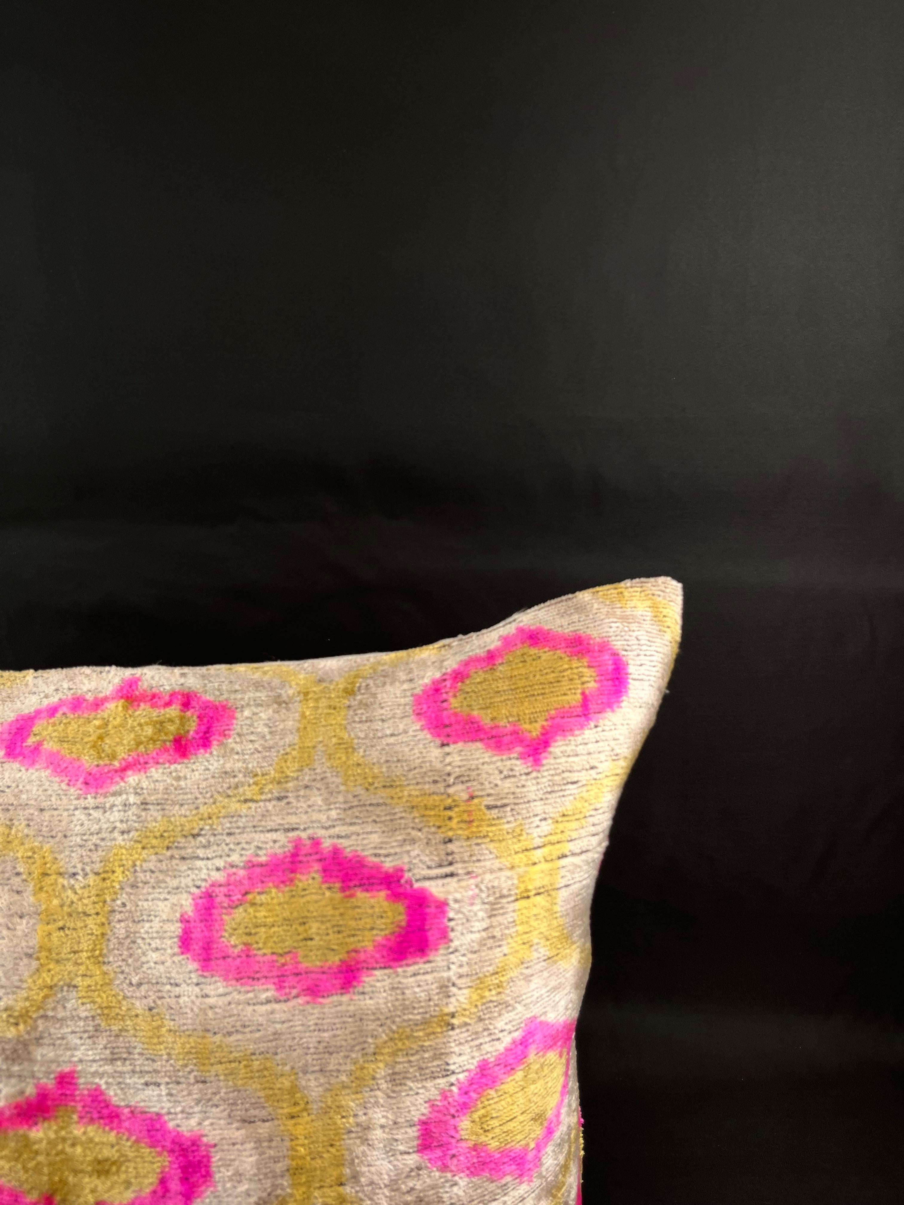 Modern Pink and Golden Yellow Velvet Silk Ikat Pillow Cover For Sale