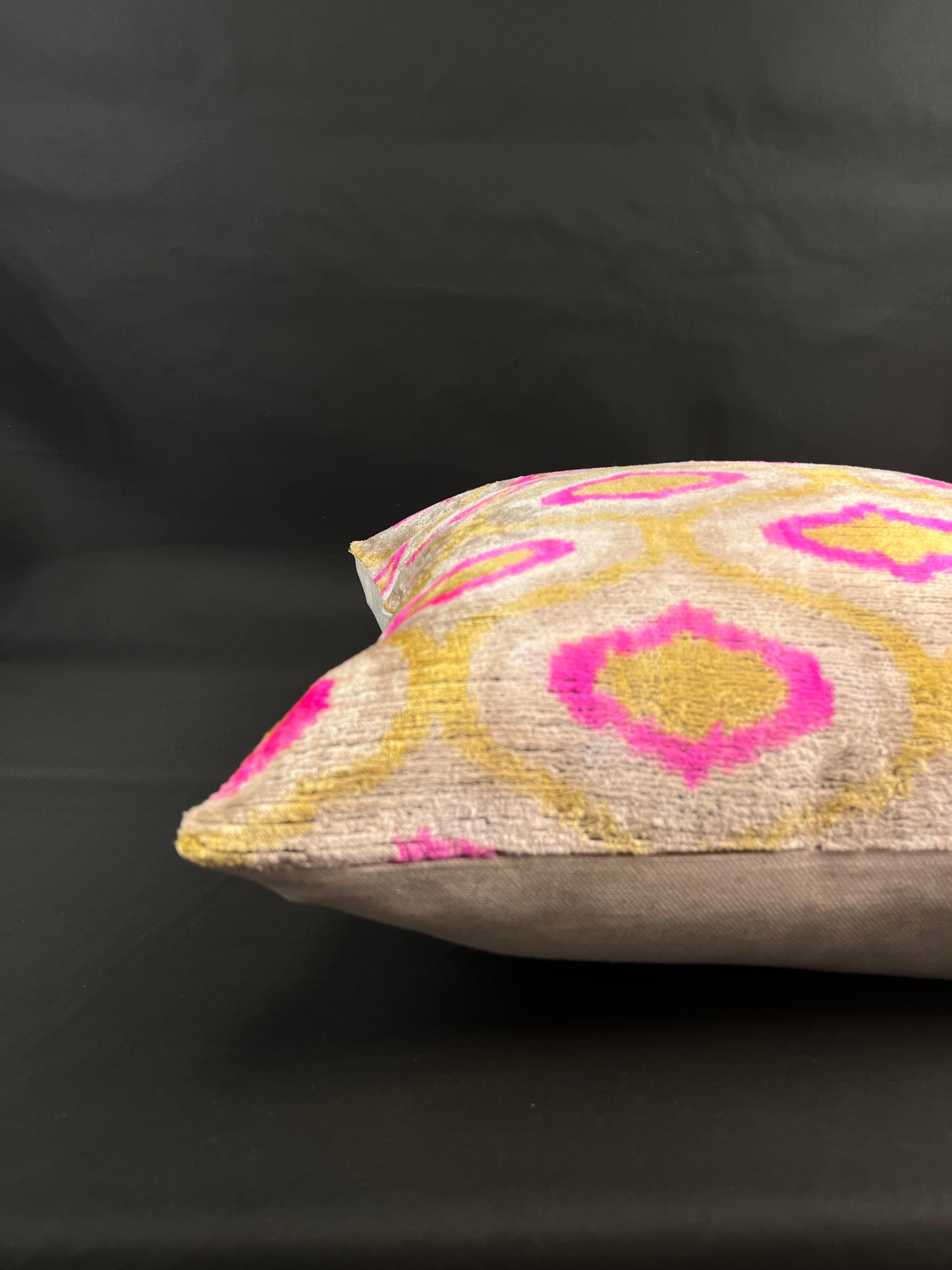 Turkish Pink and Golden Yellow Velvet Silk Ikat Pillow Cover For Sale