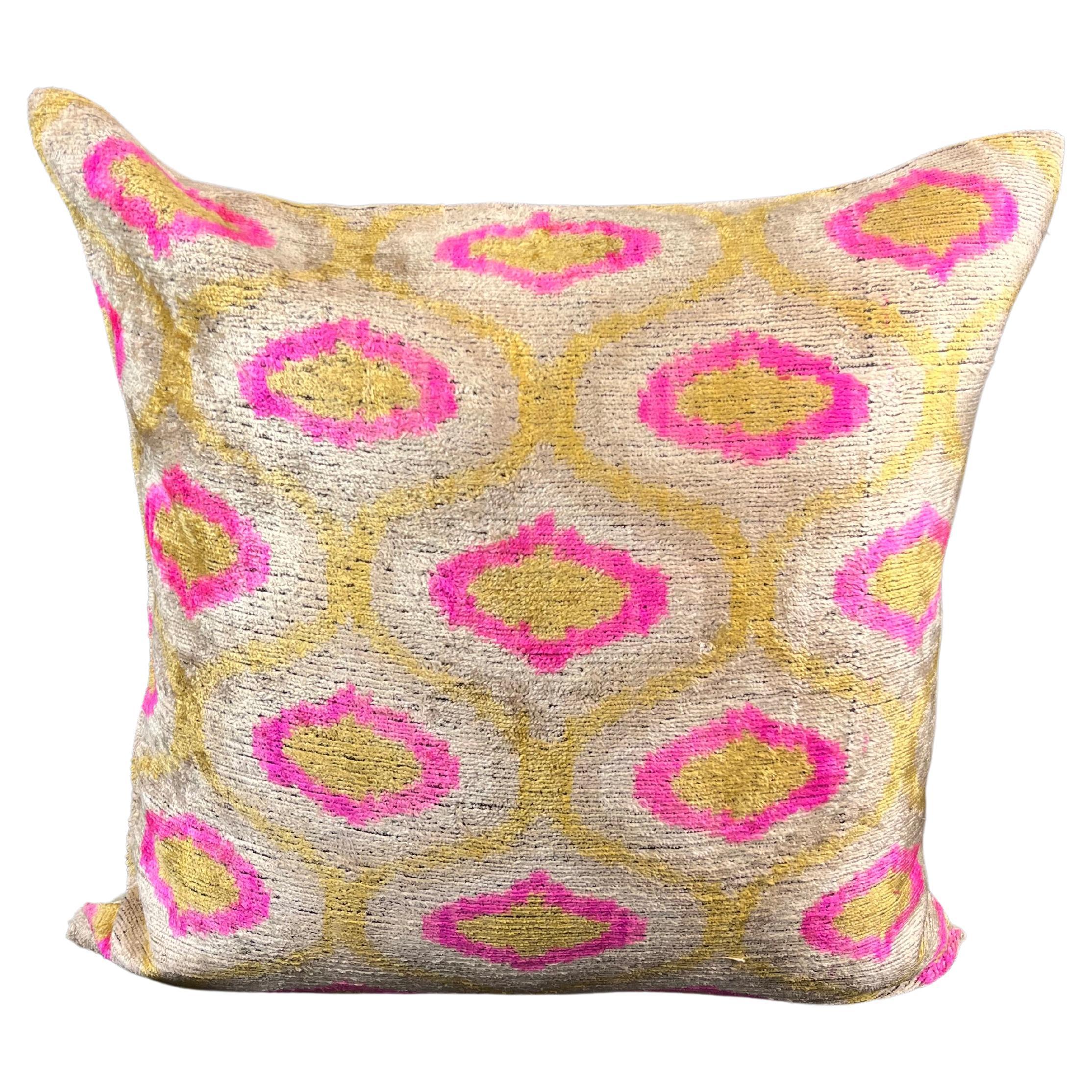 Pink and Golden Yellow Velvet Silk Ikat Pillow Cover For Sale