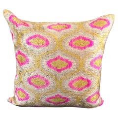 Pink and Golden Yellow Velvet Silk Ikat Pillow Cover