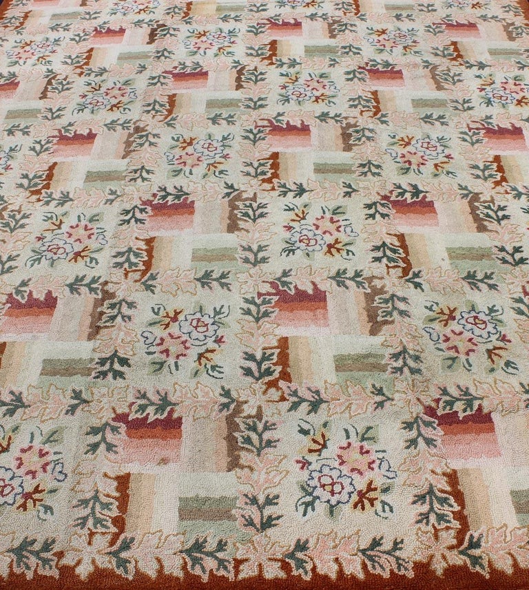 Pink and Green Antique American Hooked Rug with Checkered Floral Bouquet Pattern For Sale at 1stdibs