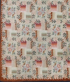 Coral and Green Antique American Hooked Rug with Checkered Bouquet Pattern
