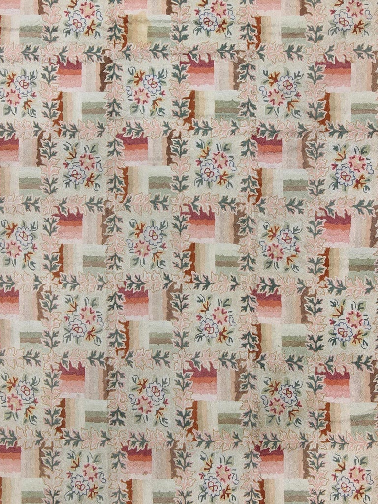 Pink and Green Antique American Hooked Rug with Checkered Floral Bouquet Pattern For Sale at 1stdibs