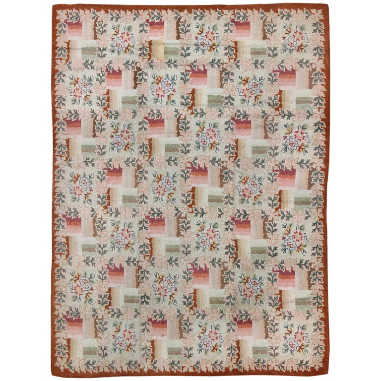Pink and Green Antique American Hooked Rug with Checkered Floral
