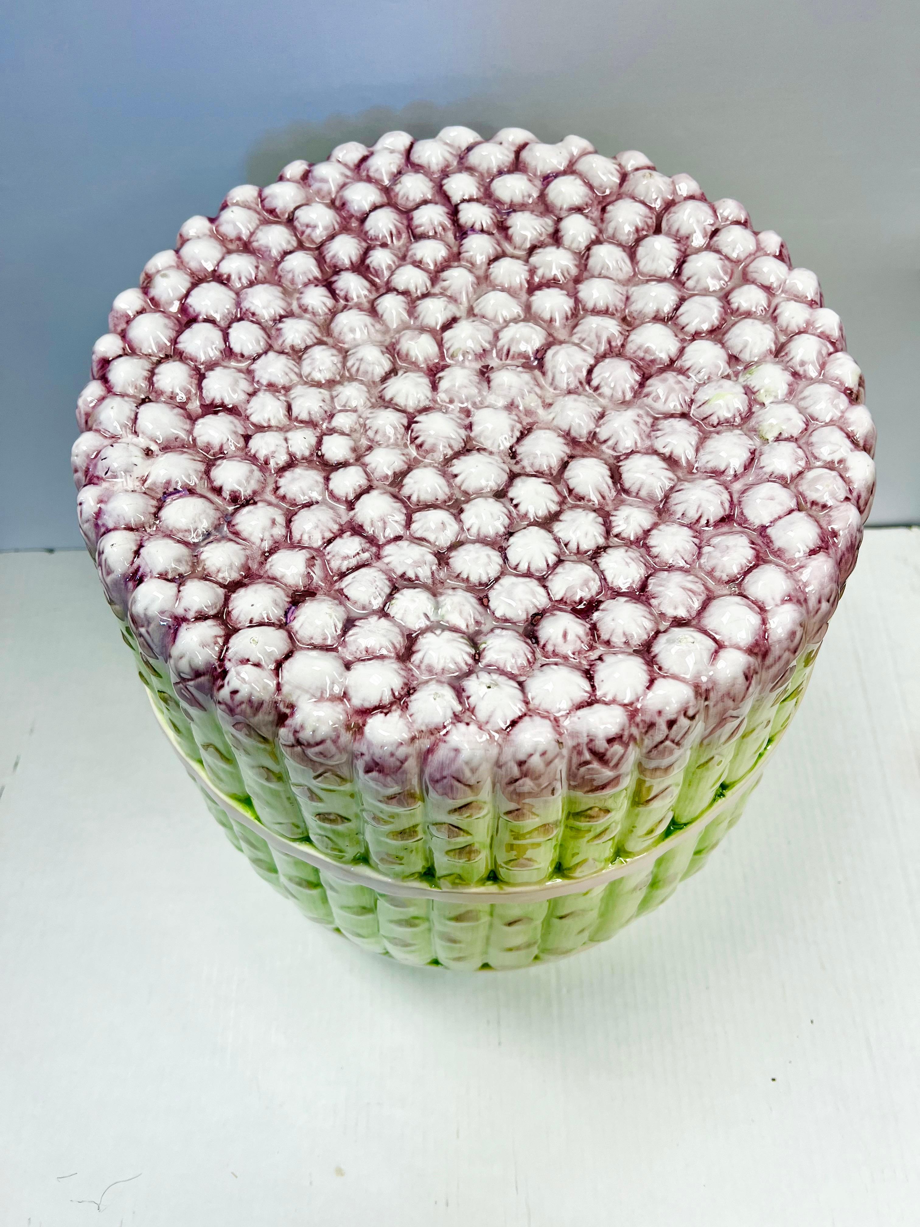 Italian Pink and Green Asparagus Porcelain Garden Stool Seat Made in Italy