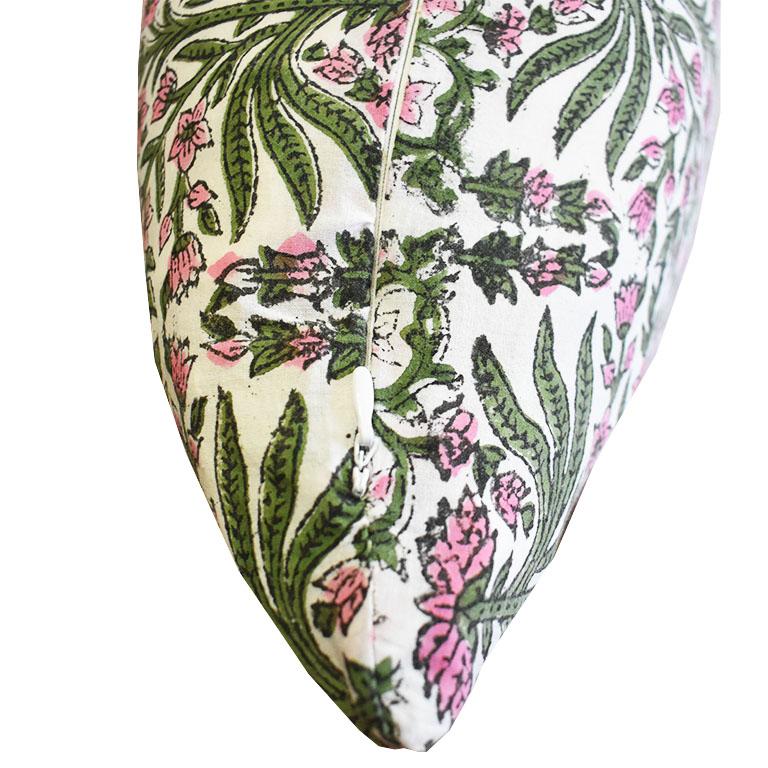 Anglo-Indian Pink and Green Block Print Down Filled Pillows, India For Sale
