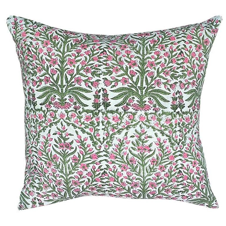 Pink and Green Block Print Down Filled Pillows, India For Sale