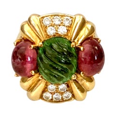 Pink and Green Cabochon Tourmaline 18 Karat Gold Fashion Ring - Size 9