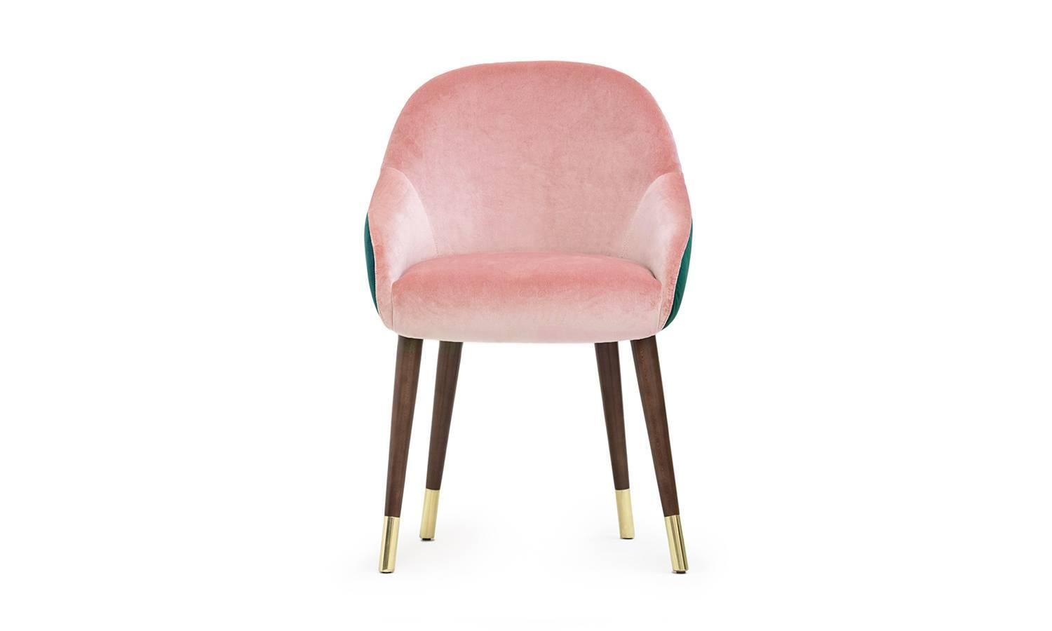 Polished Midcentury Modern Velvet And Brass Milonga Dining Chair Handmade and Custom For Sale