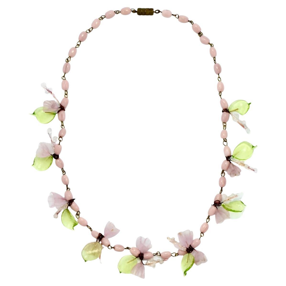 Pink and Green Glass Bead Flower and Leaf Necklace circa 1930s For Sale