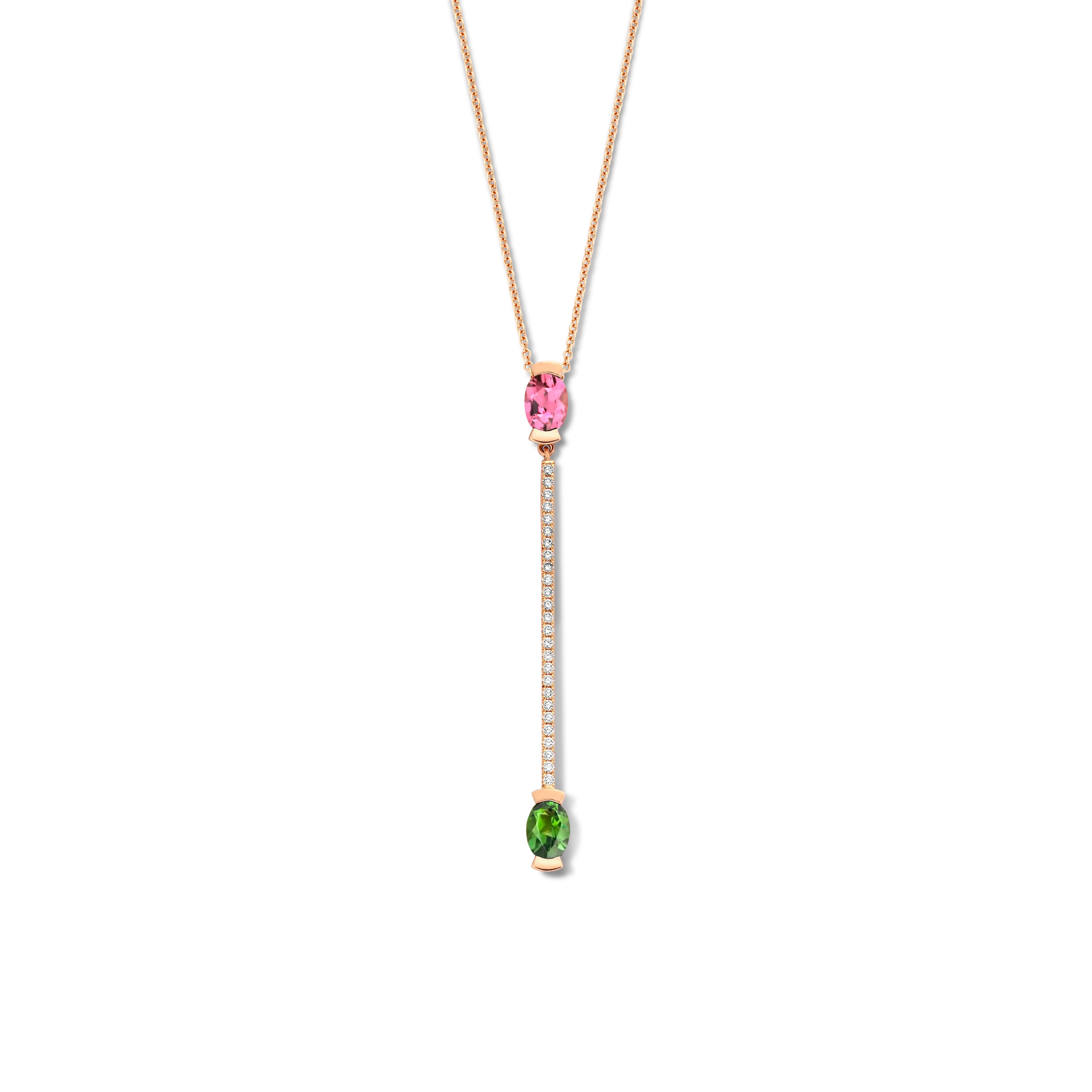 Oval Cut Pink and Green Oval Tourmaline, 18 Karat White Gold Diamond Pendant Necklace For Sale