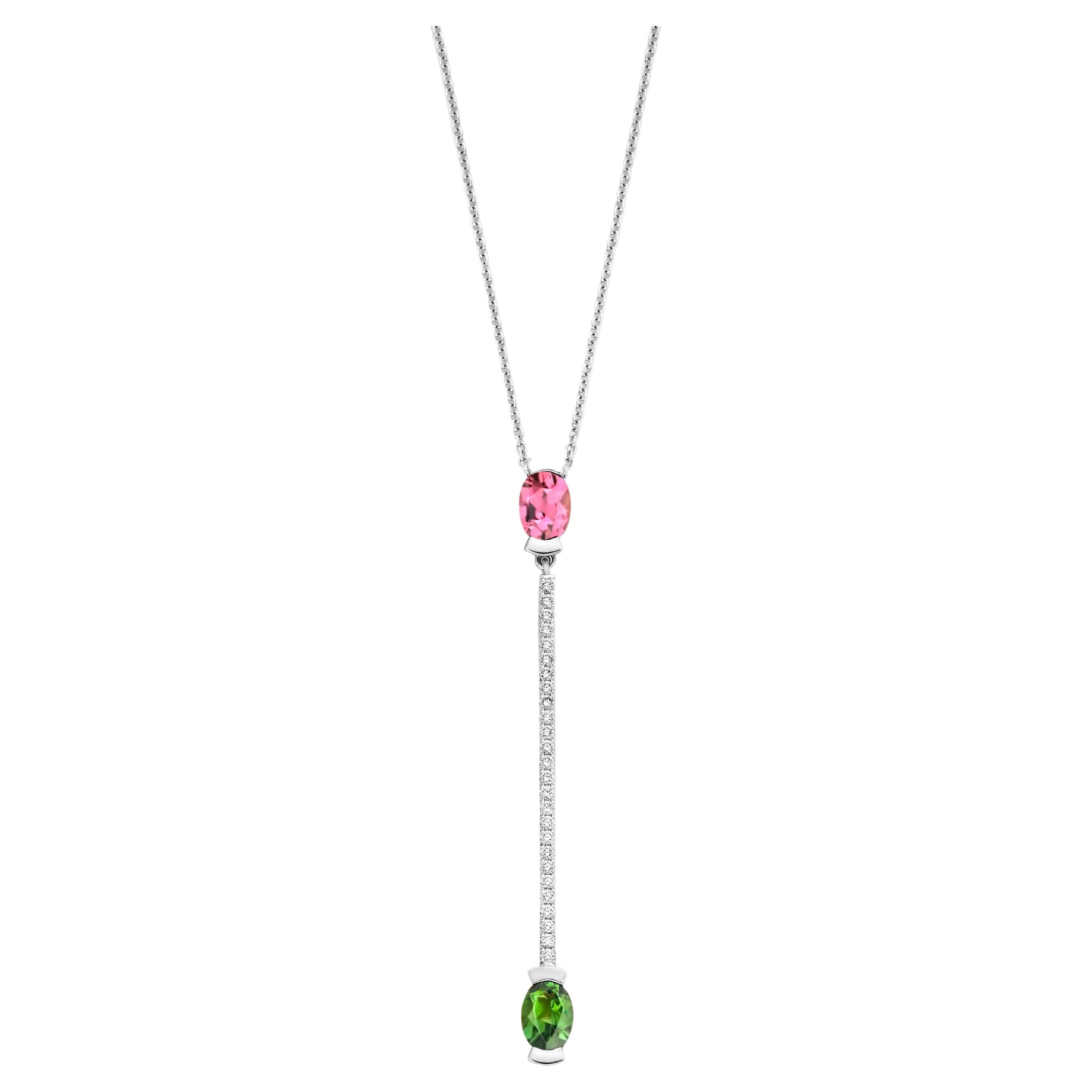 Pink and Green Oval Tourmaline, 18 Karat White Gold Diamond Pendant Necklace For Sale