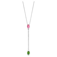 Pink and Green Oval Tourmaline, 18 Karat White Gold Diamond Pendant Necklace