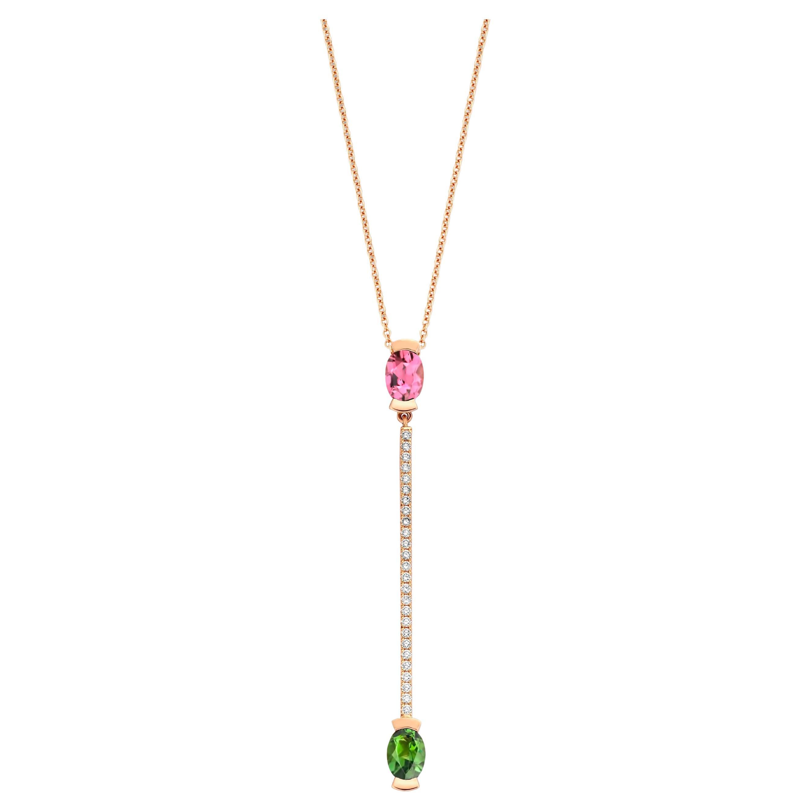 Pink and Green Oval Tourmaline, 18k Rose Gold Diamond Pendant Necklace For Sale