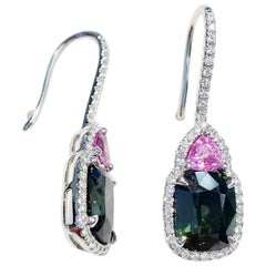 Pink and Green Sapphire Earrings with Diamonds