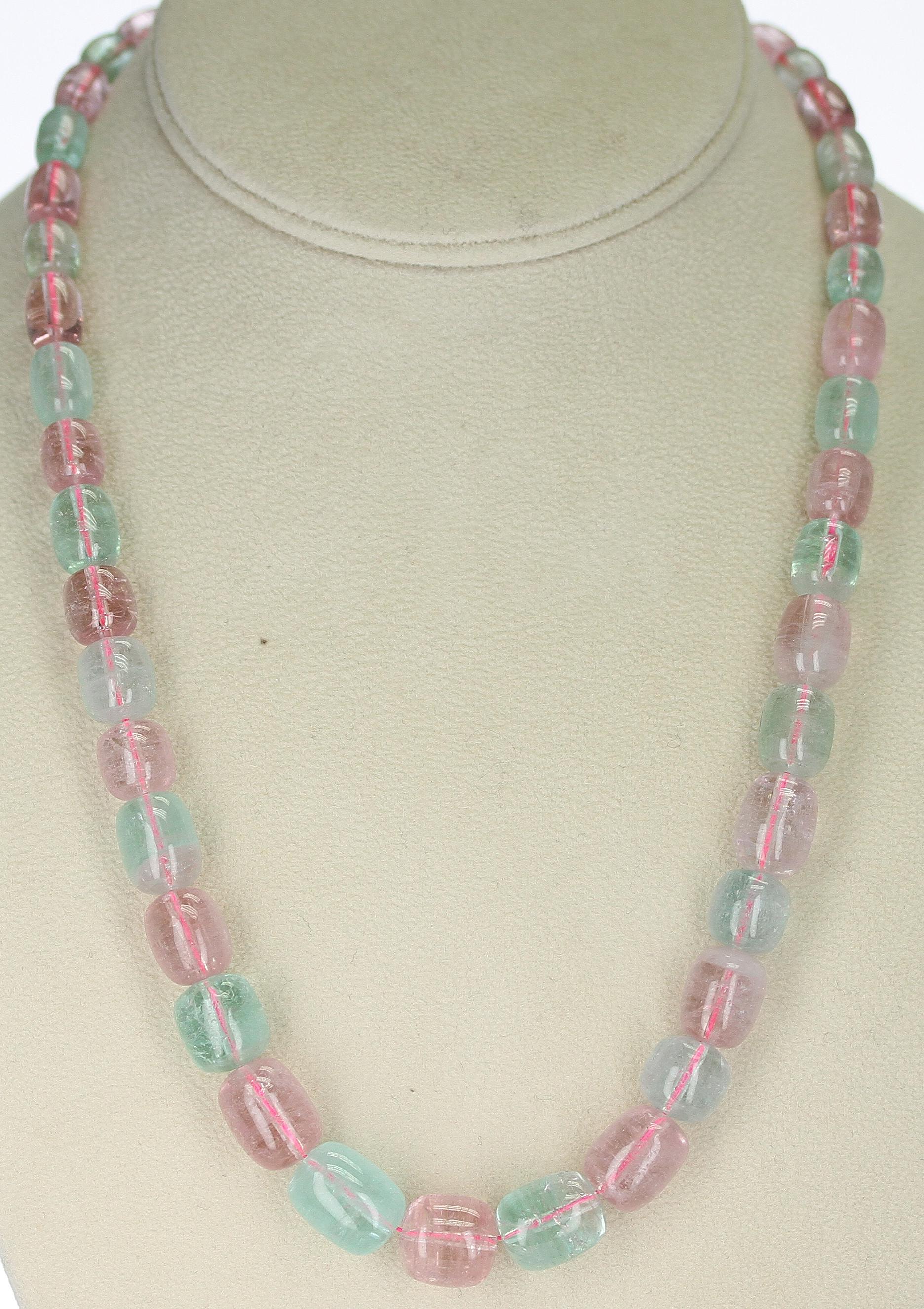 Pink and Green Smooth and Tumbled Tourmaline Beads, 14 Karat For Sale