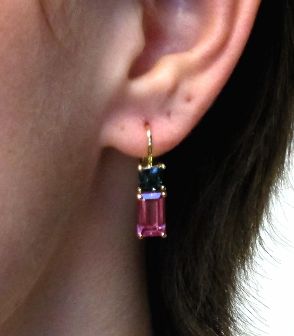 Emerald Cut Pink and Green Tourmaline 18 Karat Rose and Yellow Gold Earrings