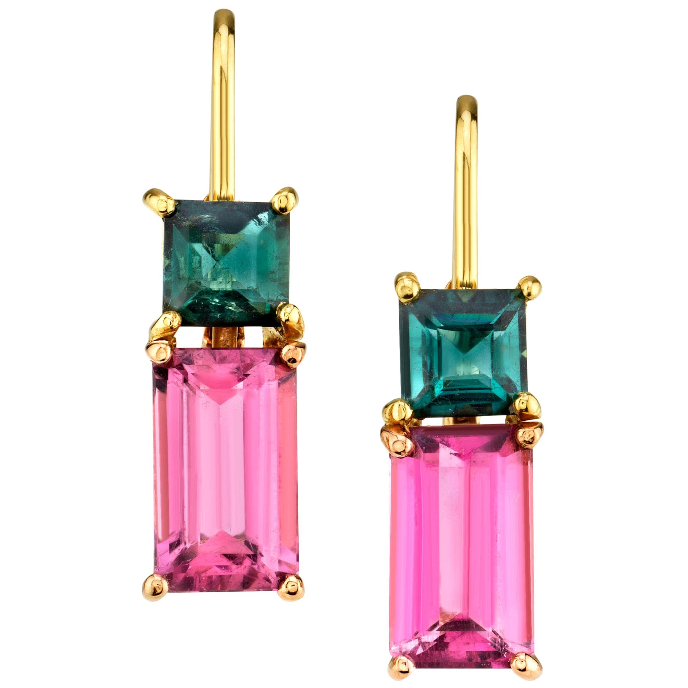Pink and Green Tourmaline 18 Karat Rose and Yellow Gold Earrings