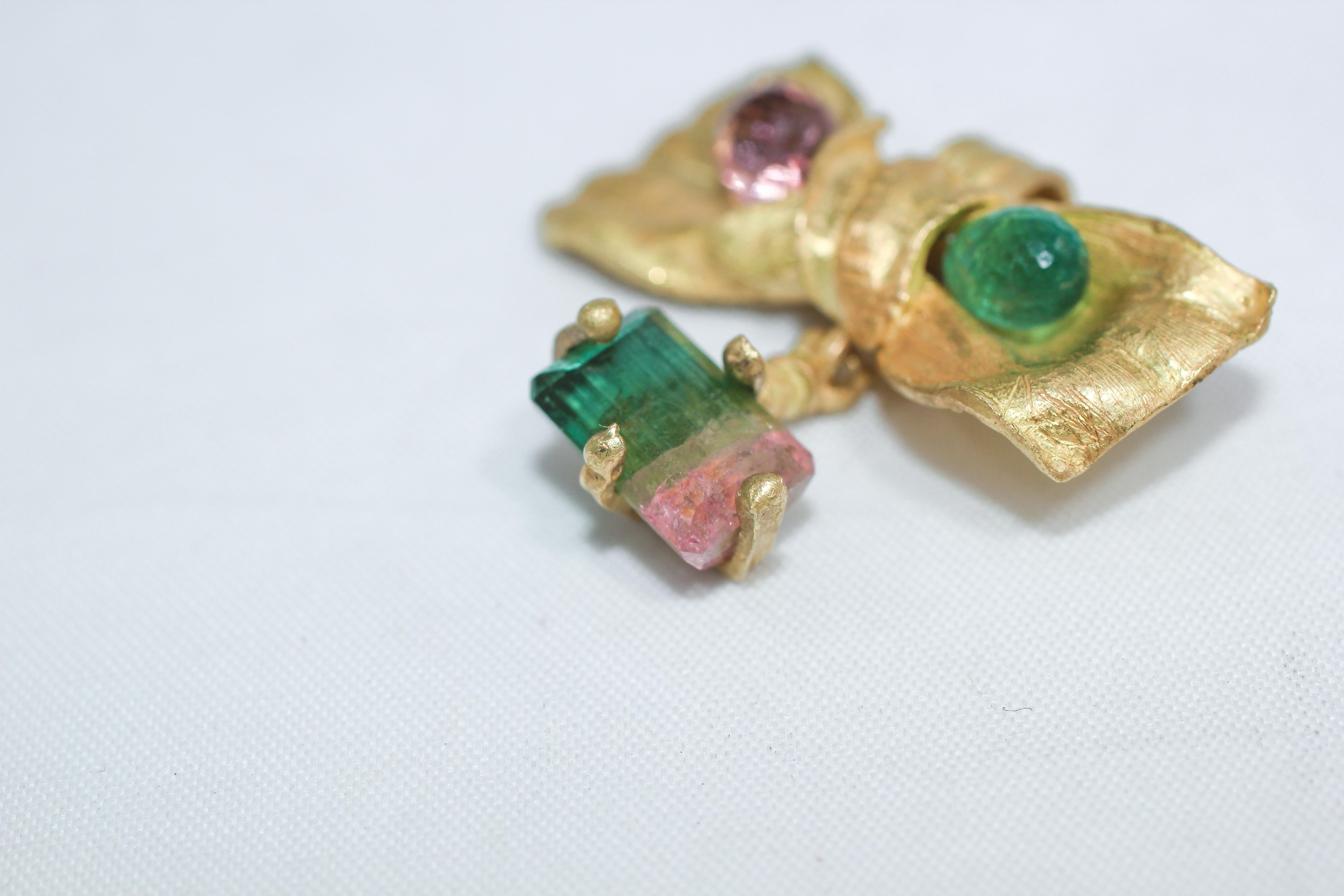 Pink and Green Tourmaline 18K Gold Bow Drop Pendant Necklace Organic Designer For Sale 4