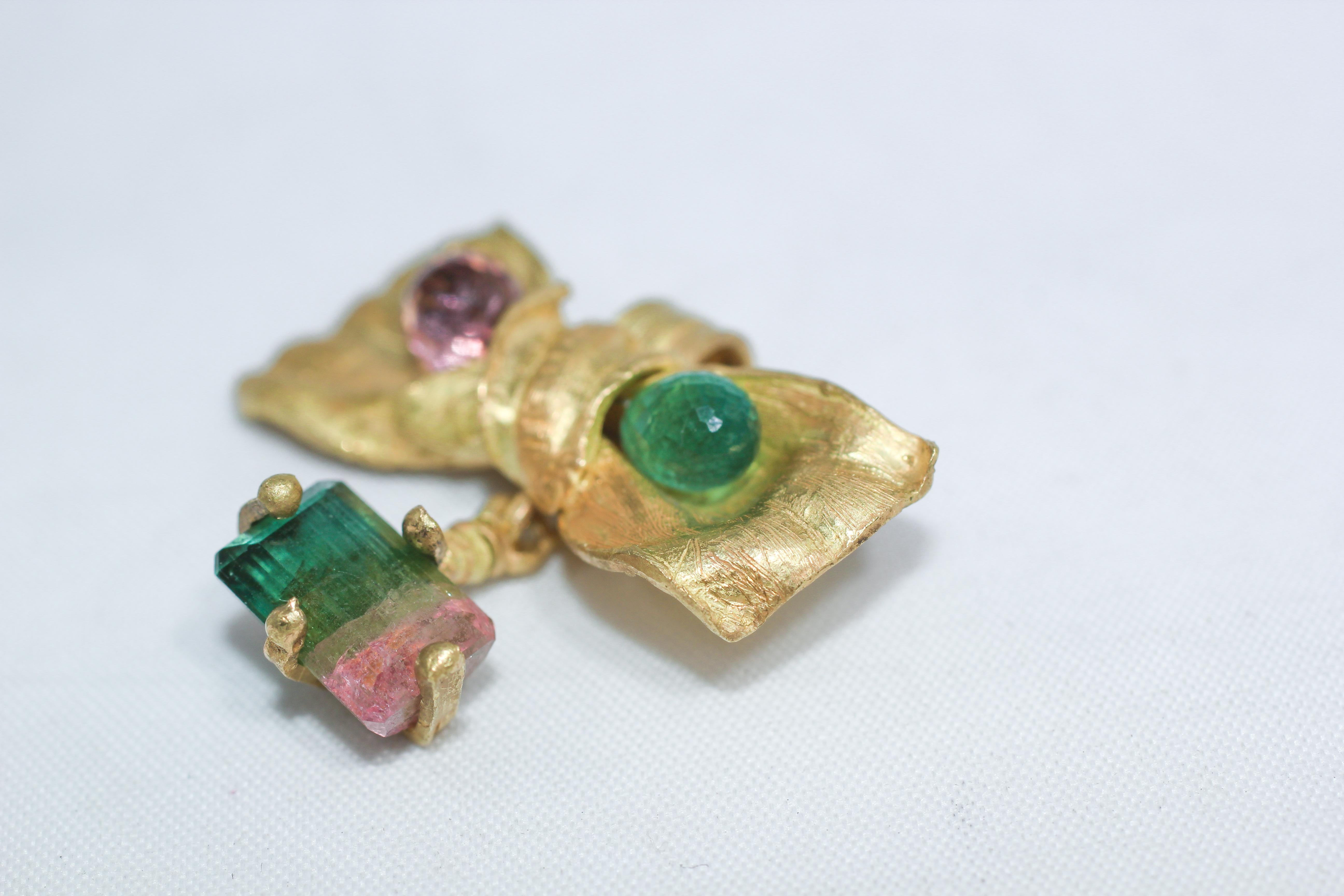 Pink and Green Tourmaline 18K Gold Bow Drop Pendant Necklace Organic Designer For Sale 3