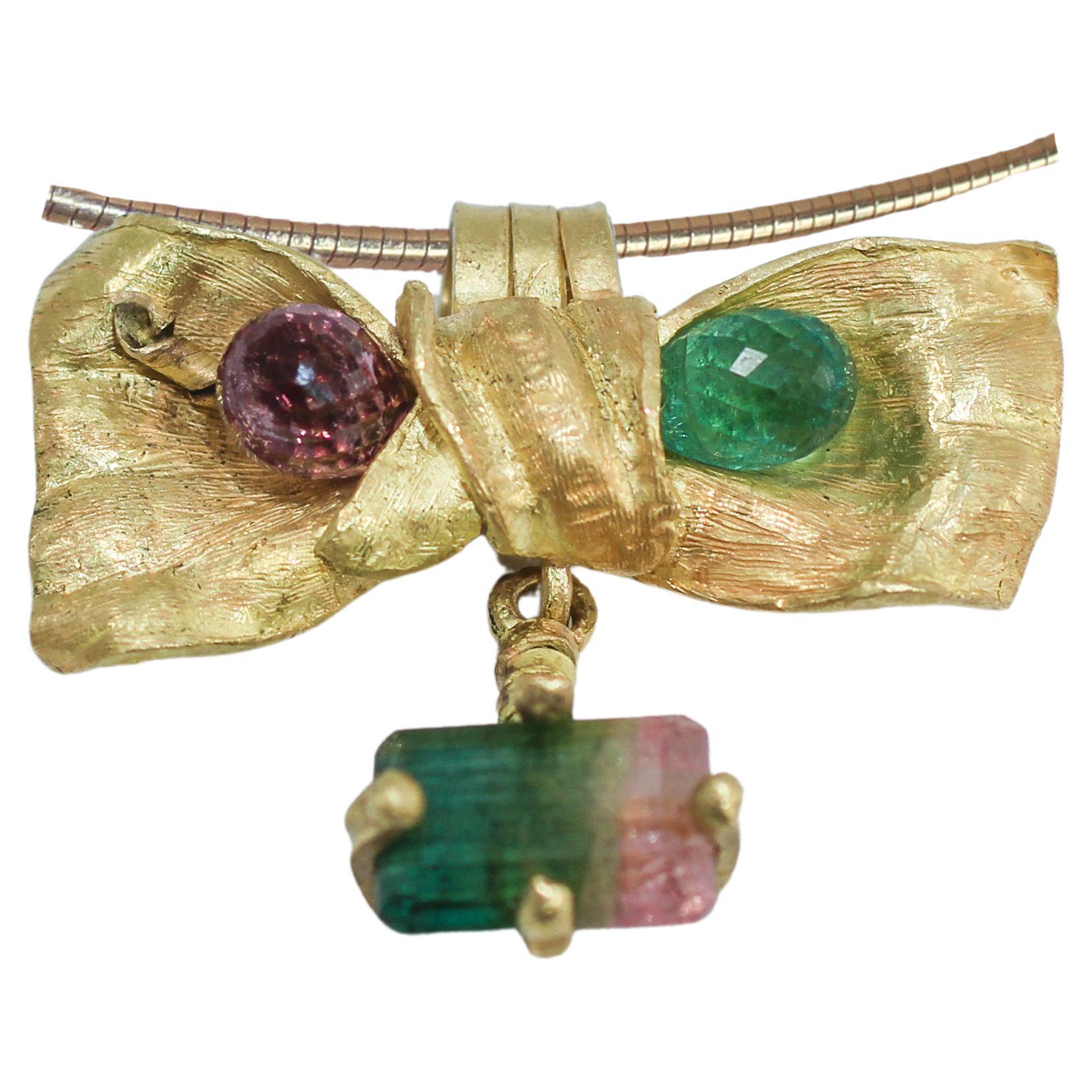 Pink and Green Tourmaline 18K Gold Bow Drop Pendant Necklace Organic Designer For Sale