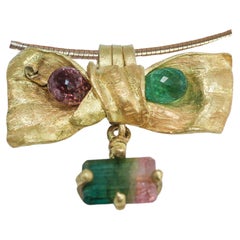 Pink and Green Tourmaline 18K Gold Bow Drop Pendant Necklace Organic Designer