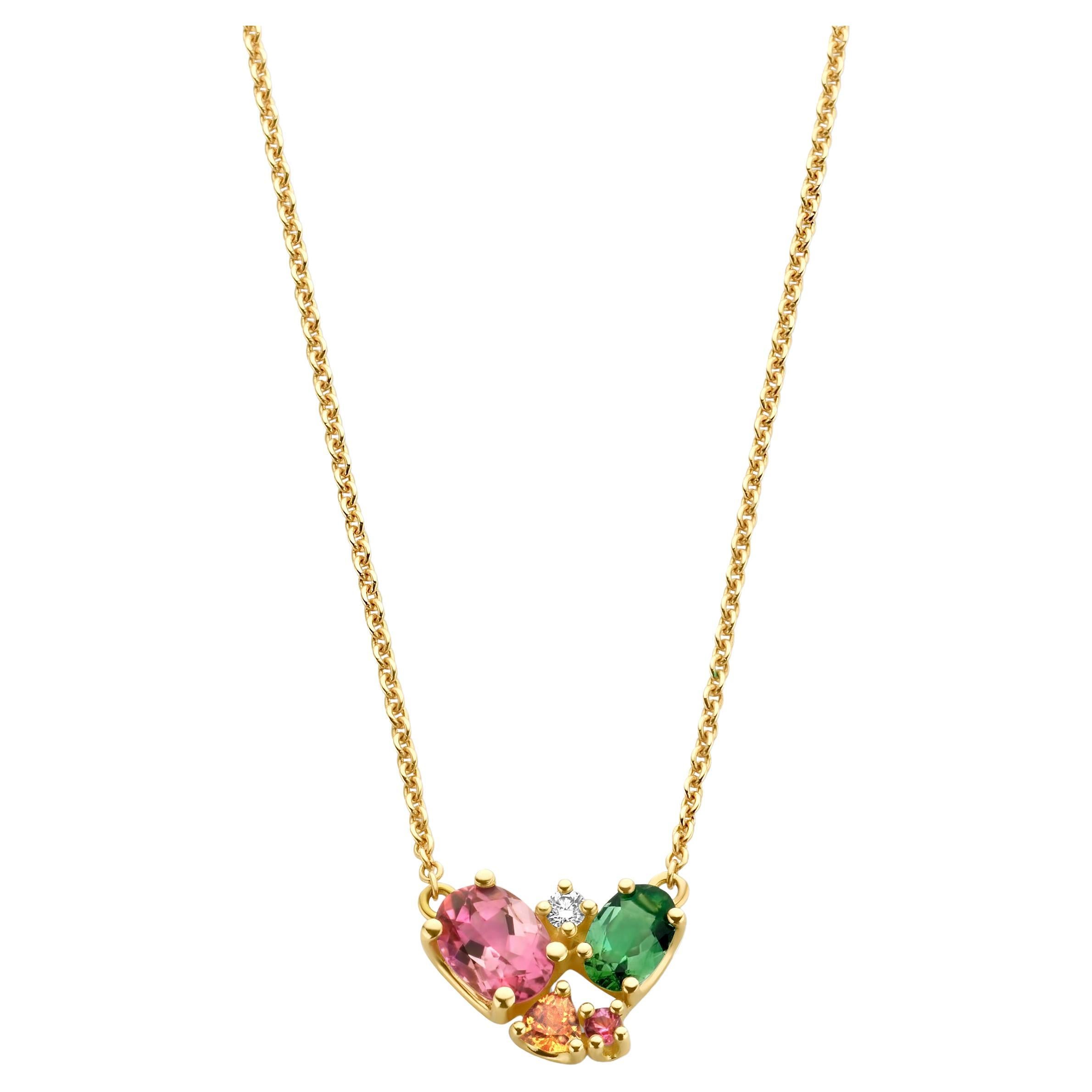 Pink And Green Tourmaline Diamond Yellow Gold Necklace For Sale
