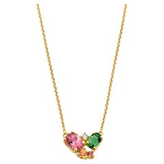 Pink And Green Tourmaline Diamond Yellow Gold Necklace