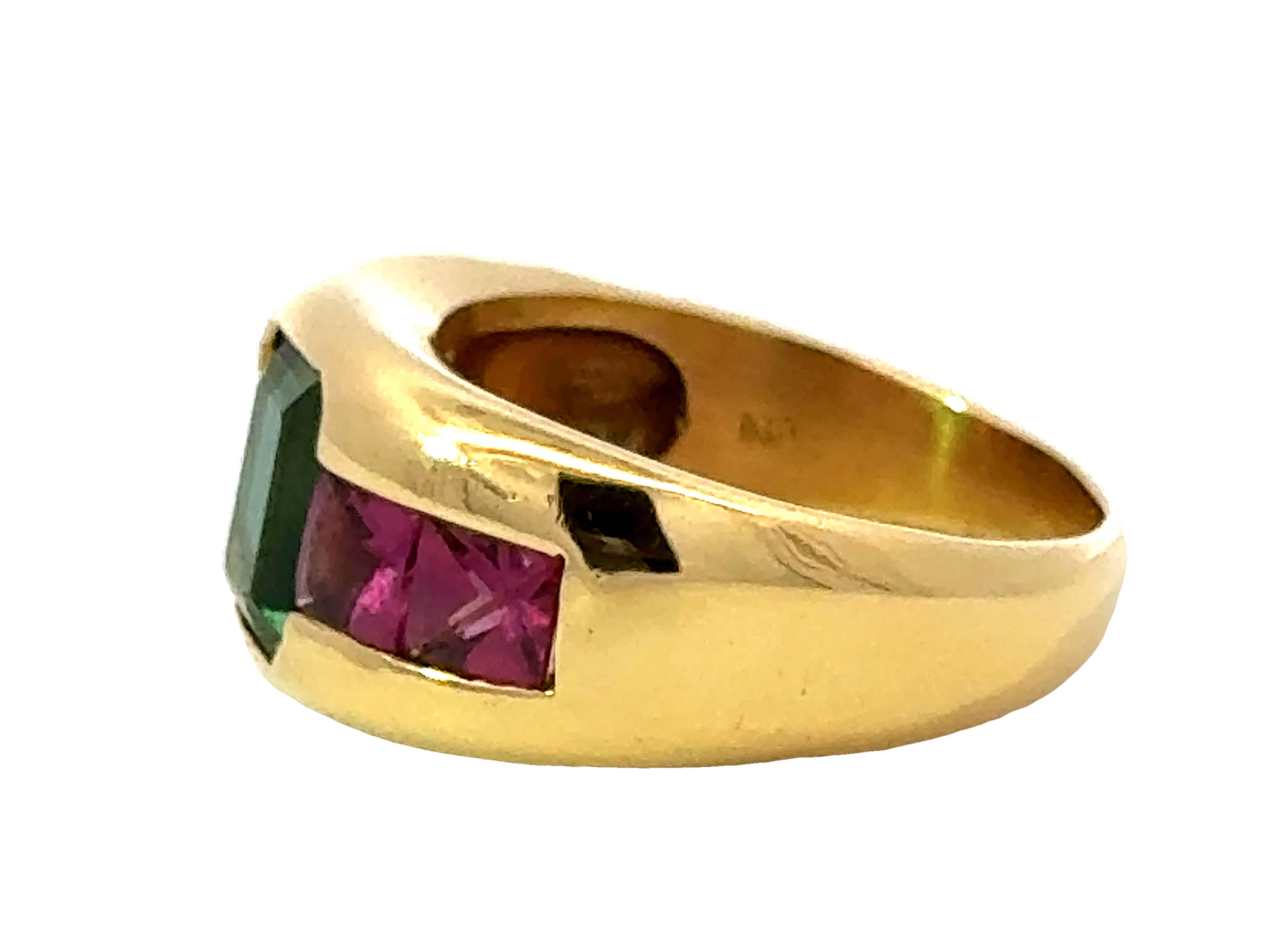 Women's Pink and Green Tourmaline Ring 18k Yellow Gold For Sale