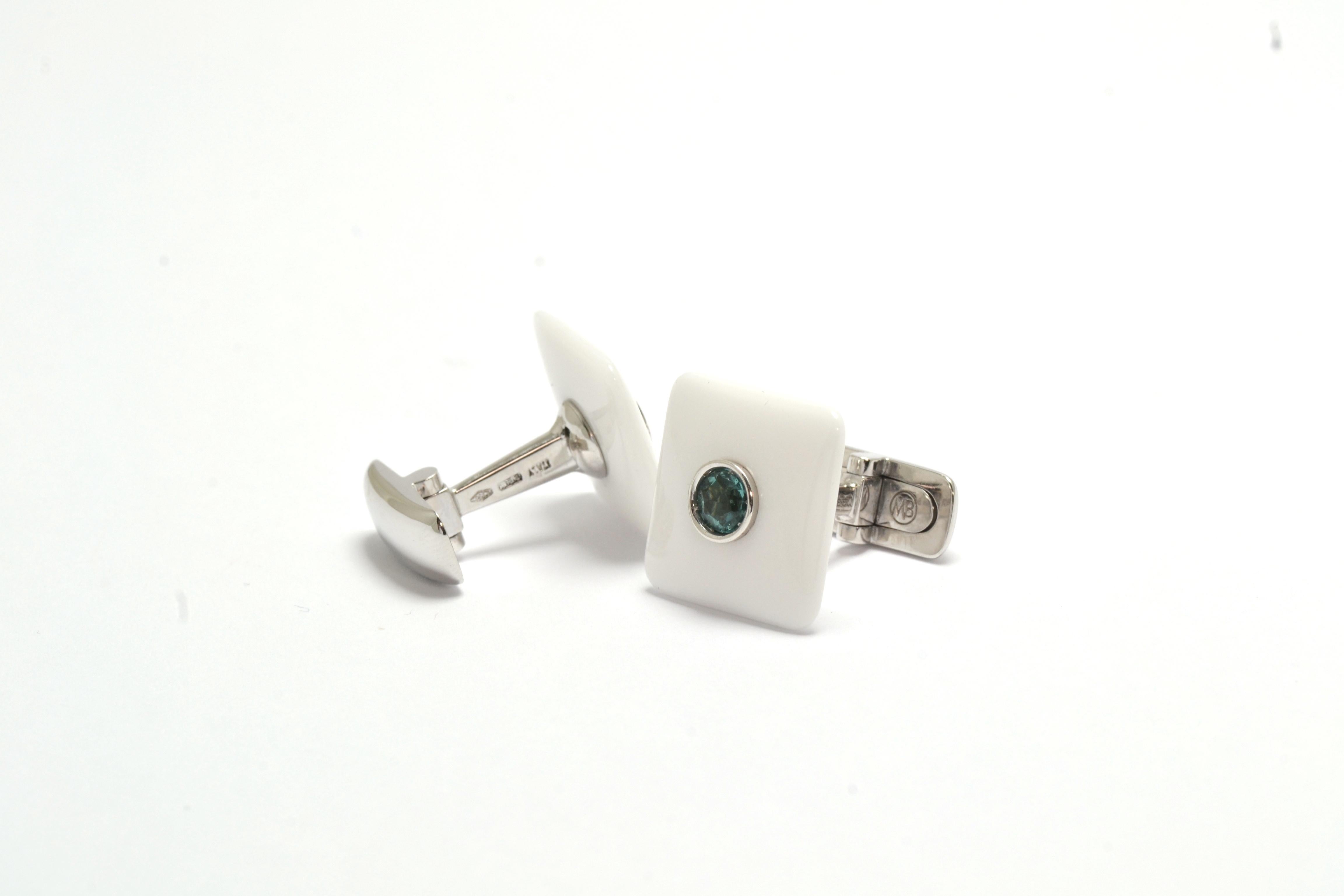 Enchanting, shining, cool and different pair of white agate handmade cufflinks.
Designed, handmade in Italy, signed Margherita Burgener, the squared plaques - 0.55 inches by 0.55 inches - are centering one bluish green tourmalines and one pink