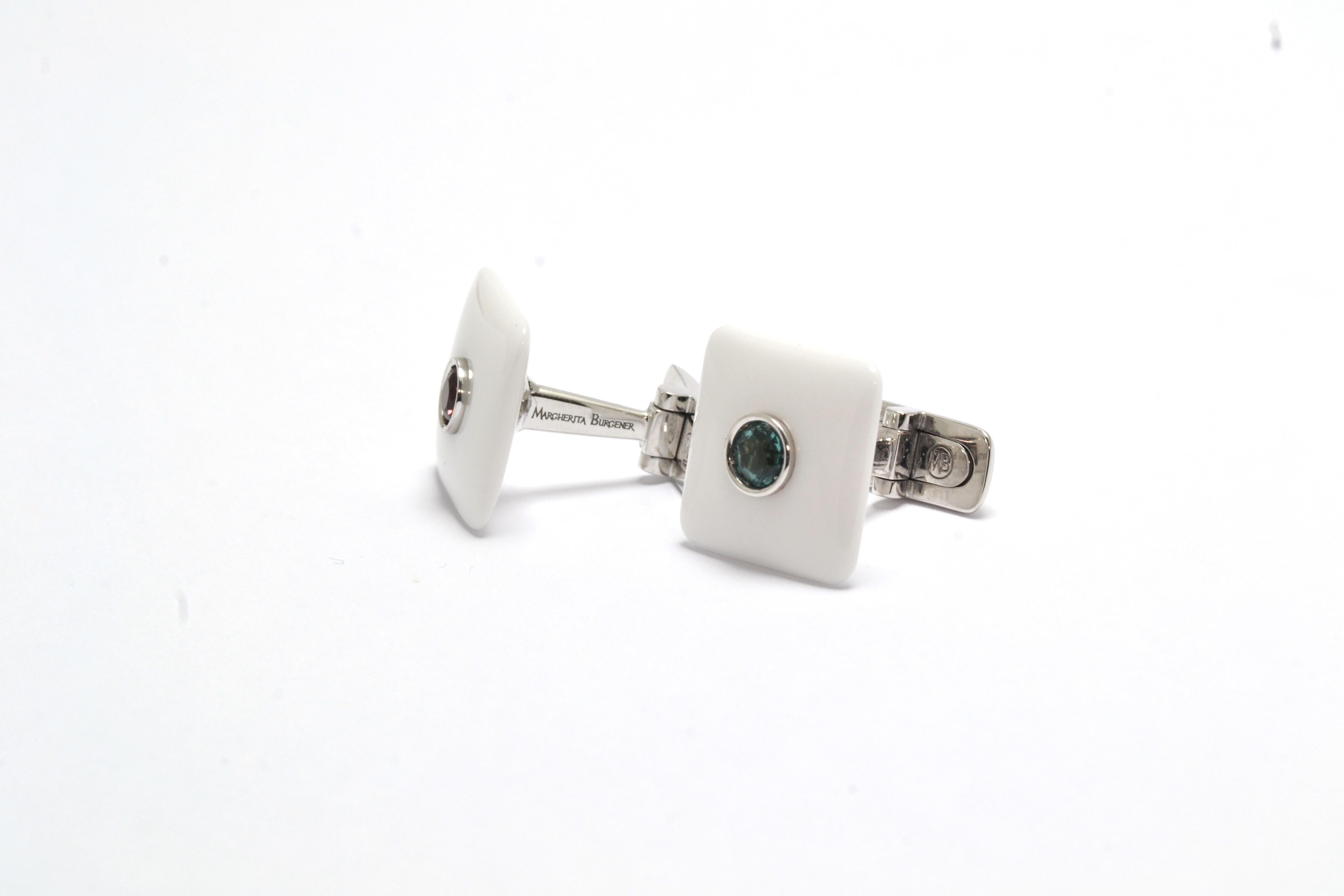 Pink Green Tourmaline White Agate 18 Kt Gold Made in Italy Cufflinks For Sale 1