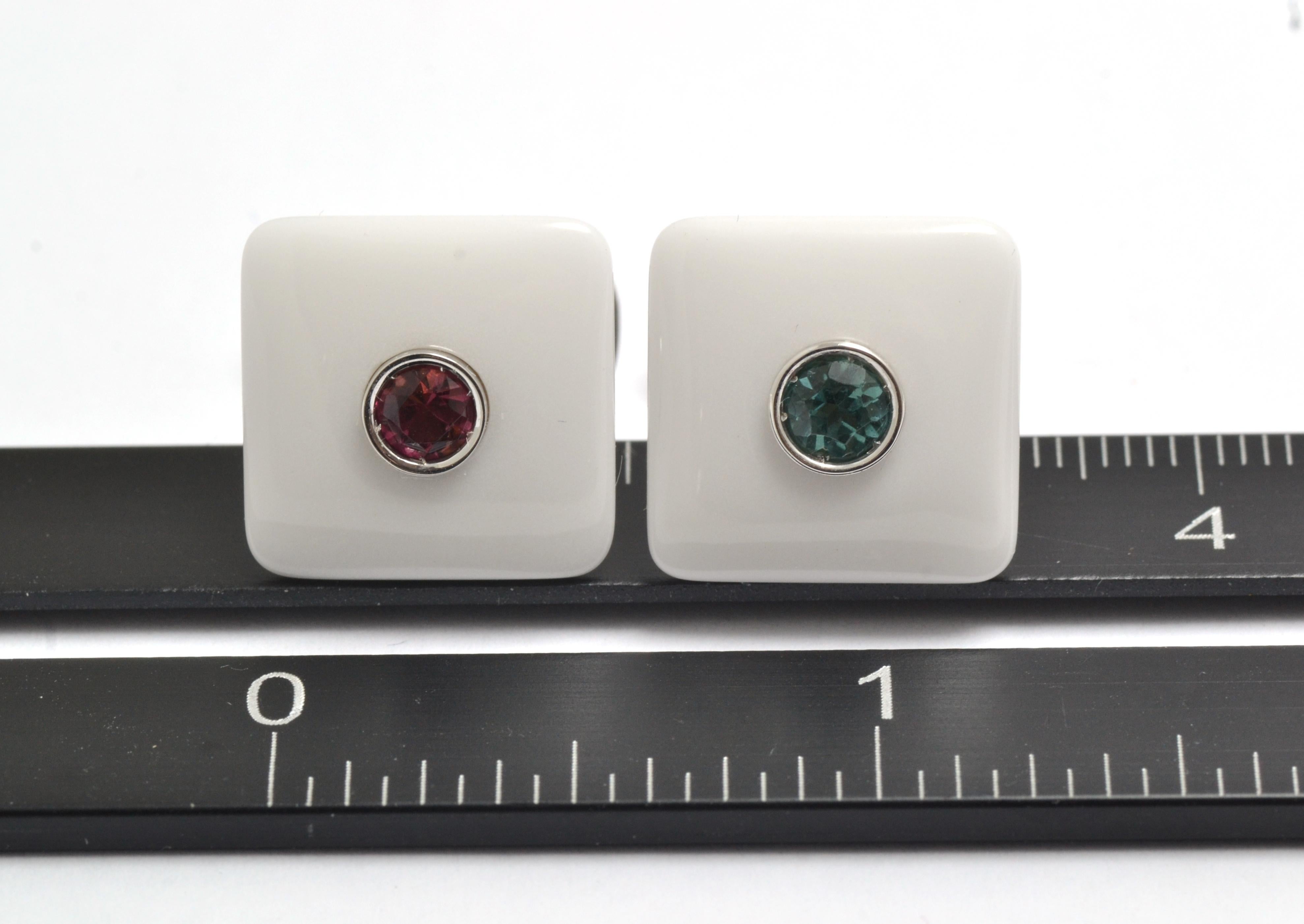 Pink Green Tourmaline White Agate 18 Kt Gold Made in Italy Cufflinks For Sale 2